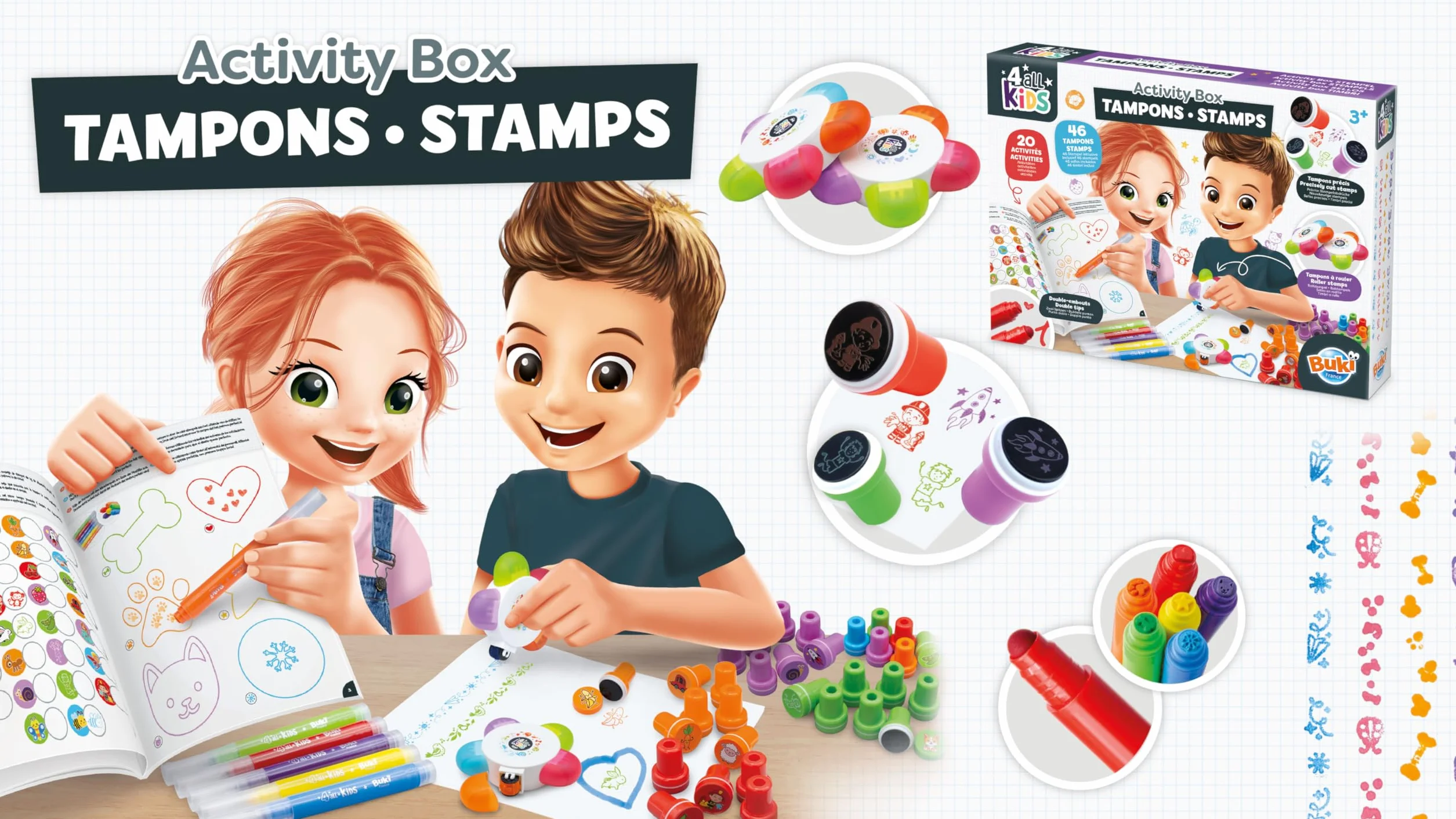 Coffret Tampons Enfant +3 Ans 45 Tampons Colorés Animaux Véhicules Frises Livret Activités 20 Pages Feutres Tampons Motricité Créativité