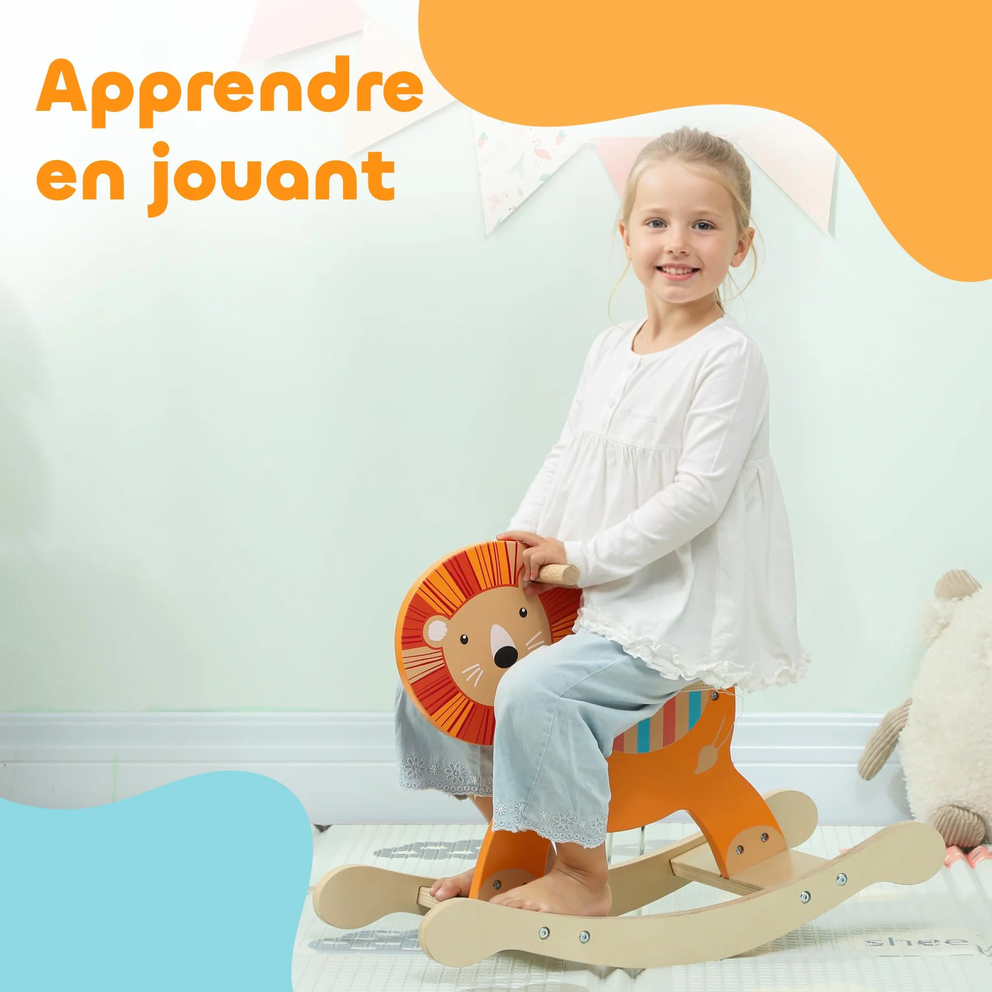 AIYAPLAY Cheval à Bascule en Bois pour Enfants 2-5 Ans, Jouet à Bascule Lion avec Guidon, Orange