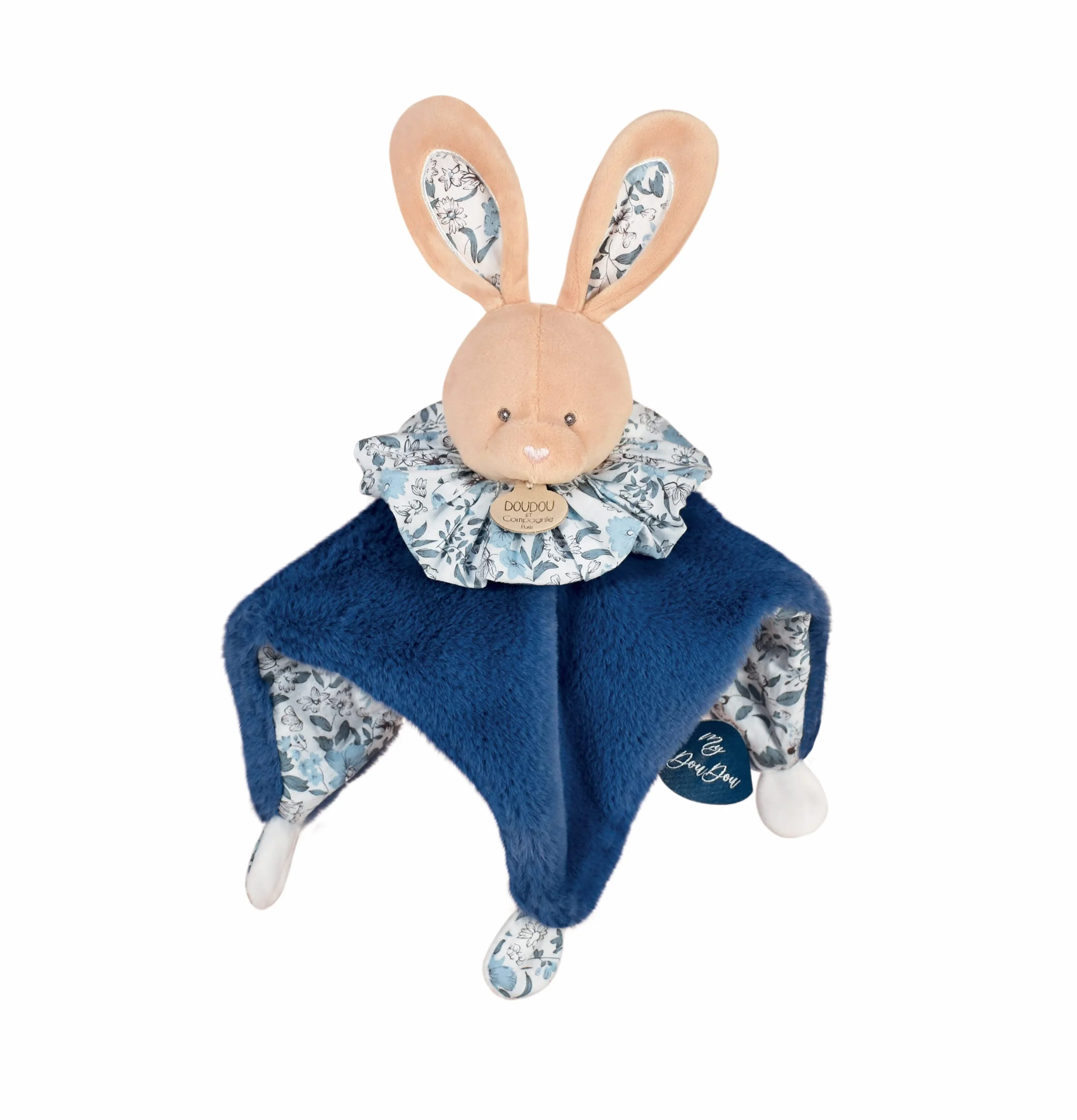 Doudou et Compagnie Peluche Boule Lapin 3 en 1 25 cm Bleu Blanc
