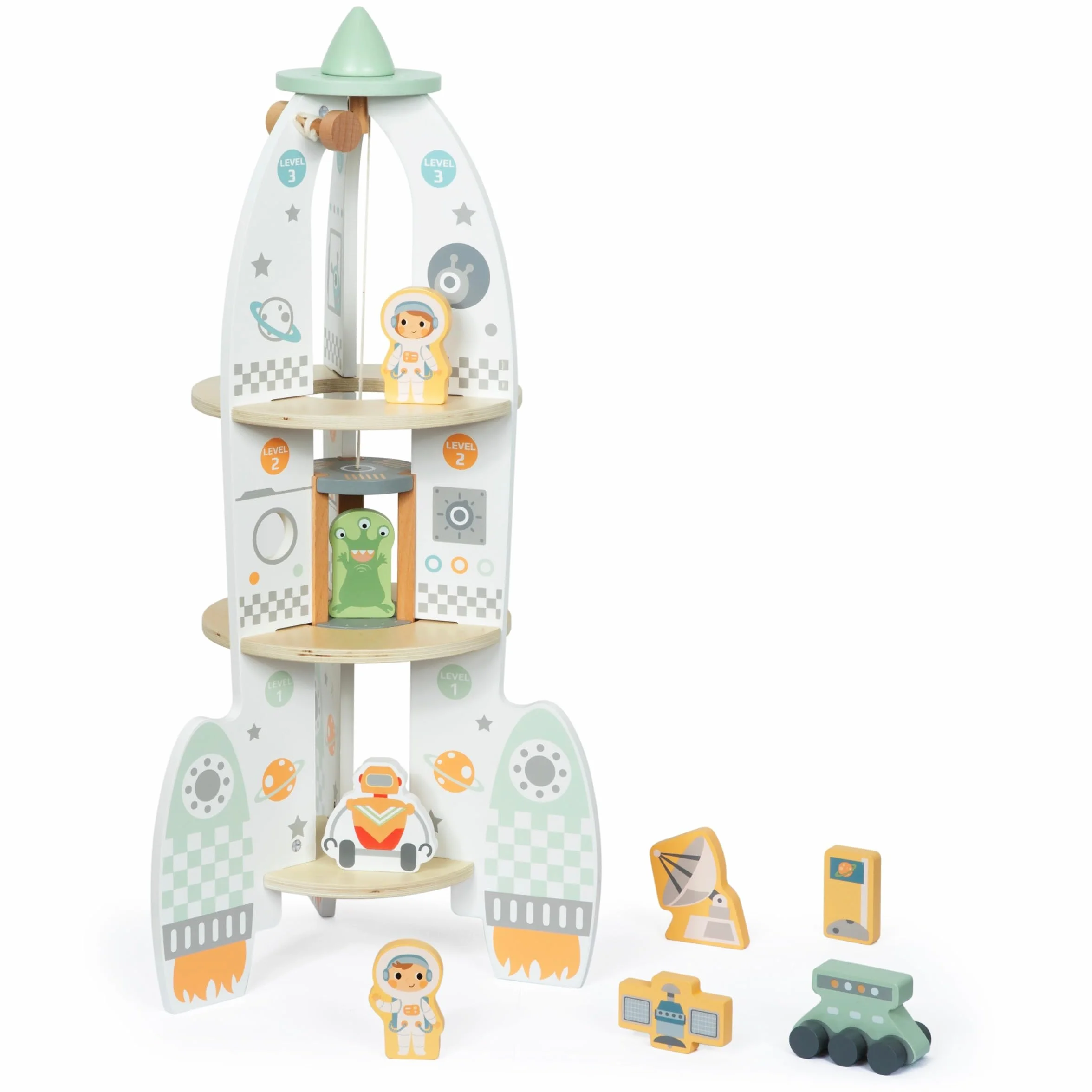 mamabrum Fusée Spatiale en Bois XXL - Jouet 3 Ans et Plus avec Ascenseur, 2 Astronautes, Robot, Extraterrestre - 60cm Hauteur - Centre de Contrôle et Salle Machines
