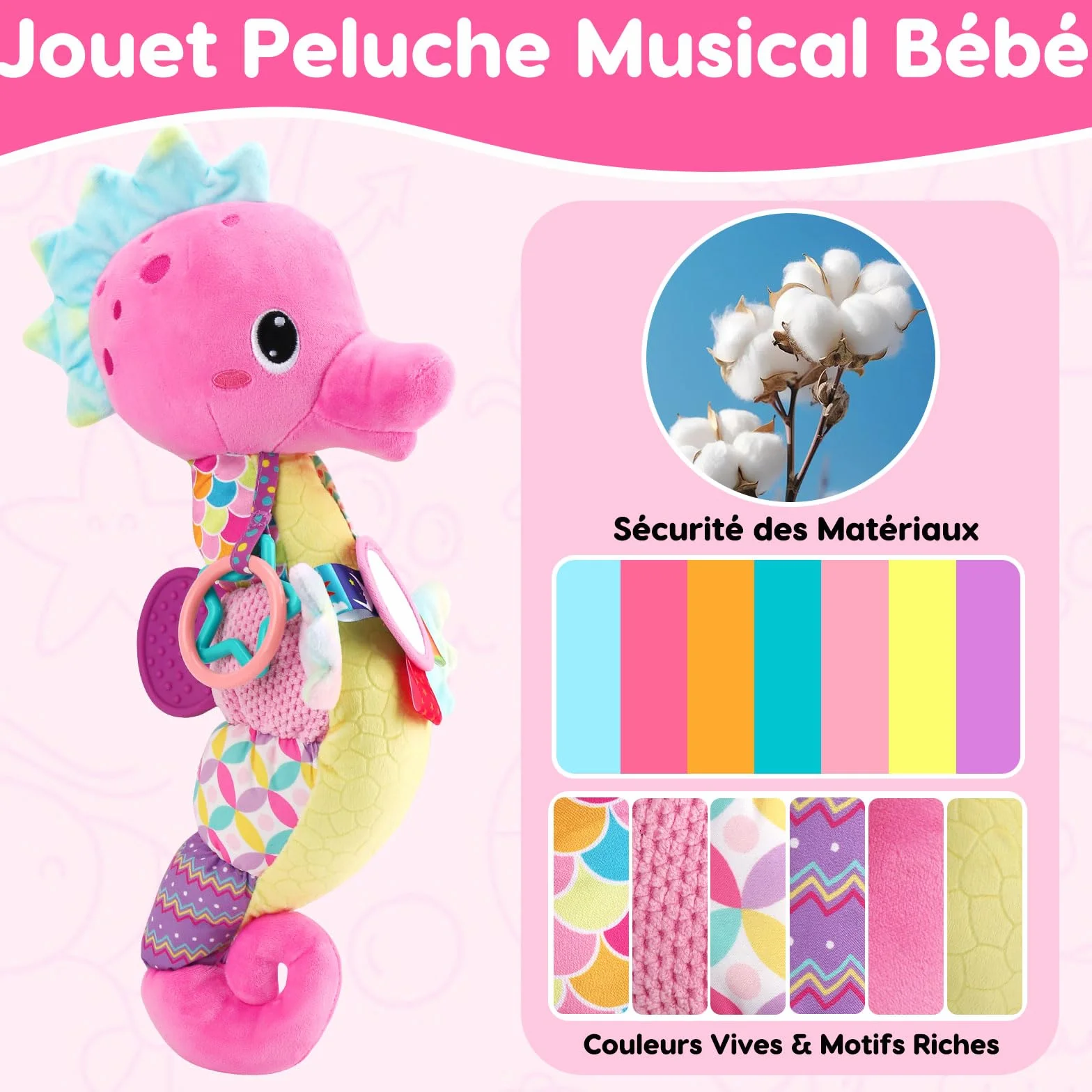 Jouet Bebe 0-12 Mois, Cadeau Naissance Fille Garcon avec Hochet Anneau Dentition Miroir, Jeux Eveil Musical Sensoriel