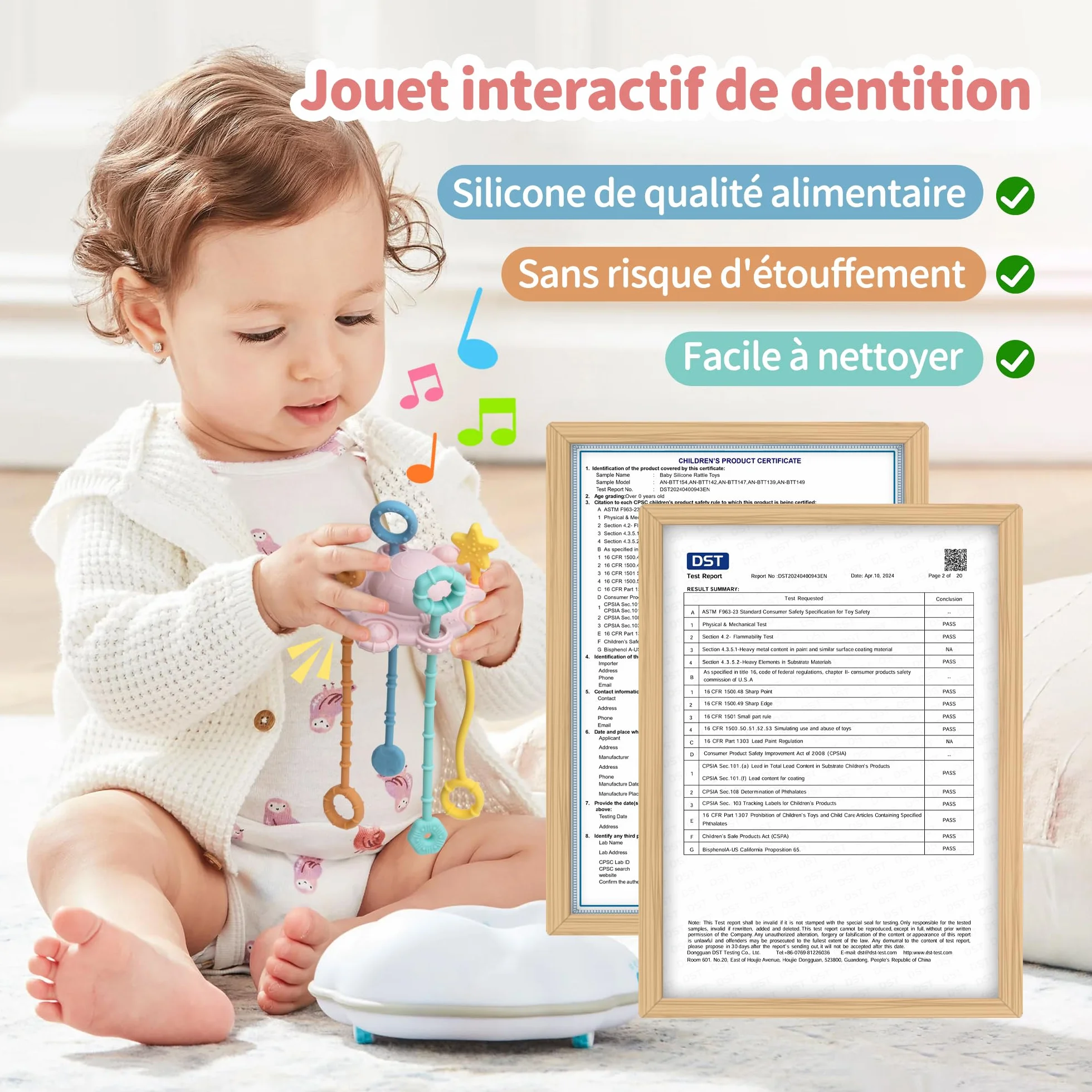 Jouet Montessori Motricité Fine Silicone Alimentaire Hochet Facile Nettoyer Poudré