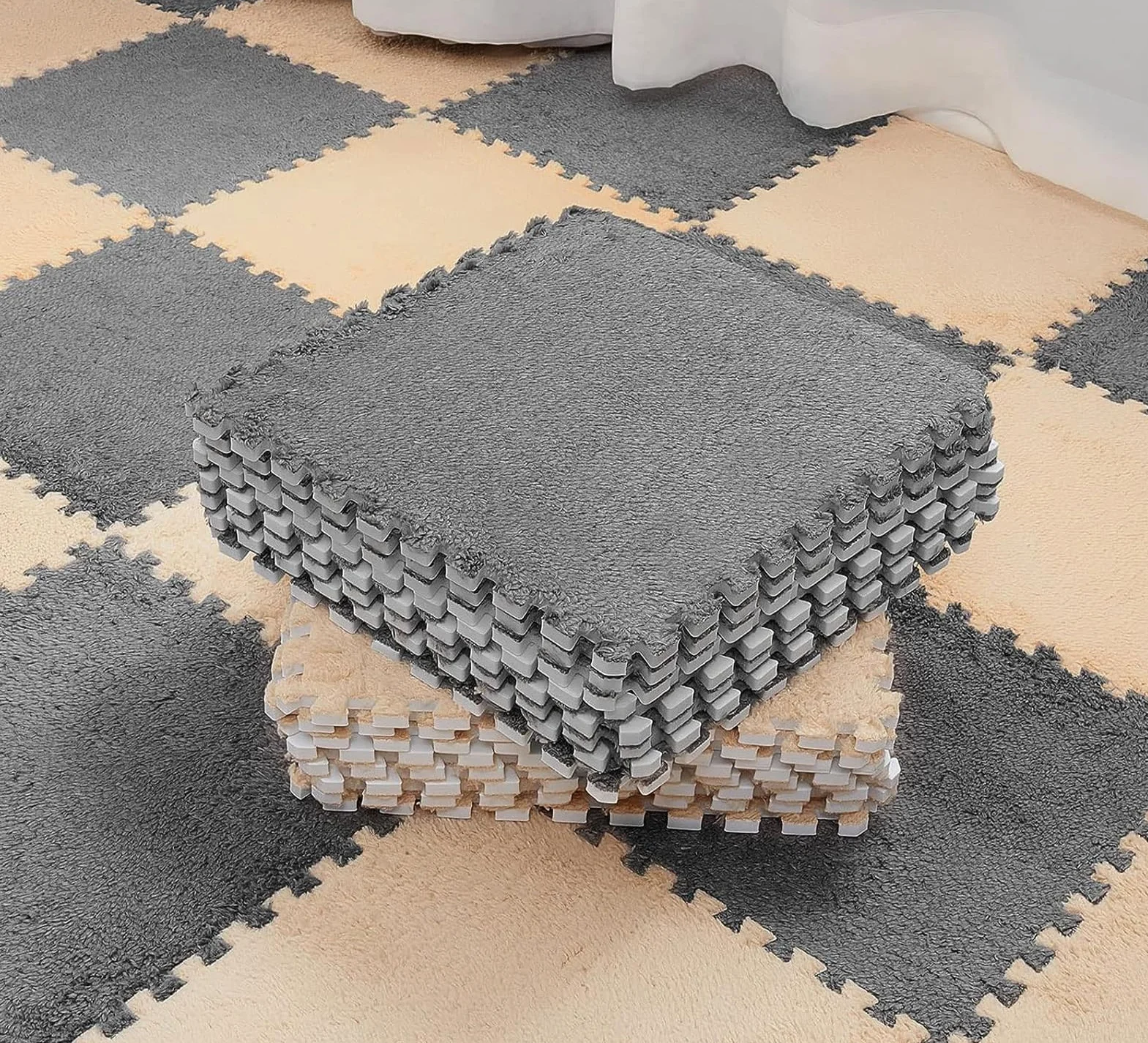 Tapis de Jeu Puzzle en Mousse 30x30cm 10 Pièces Dalles Emboîtables Tapis de Sol Gris Chamois