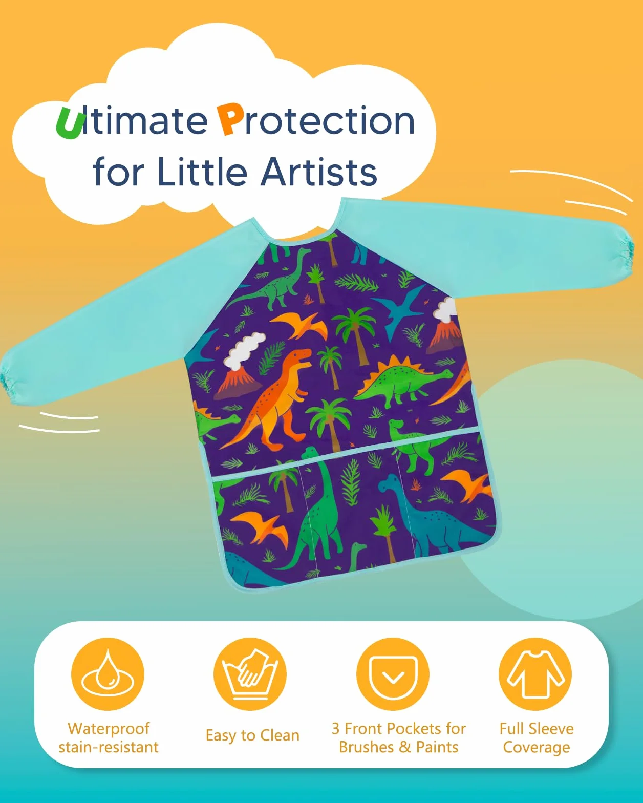 Tablier Peinture Enfants Imperméable Manches Longues 3 Poches Lavable pour Peinture Bricolage Cuisine