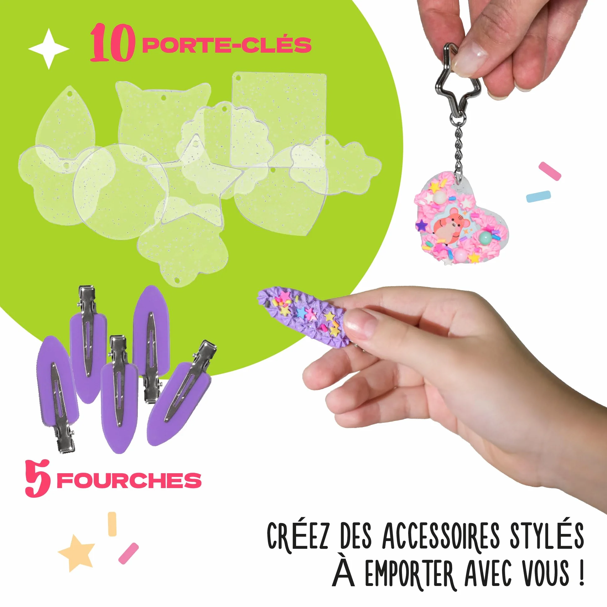 CRAFTY CATS DIY Kit Porte-clés Cupcake et Barrettes 60 pièces, colle crème, charms, anneaux, kits loisirs créatifs enfants
