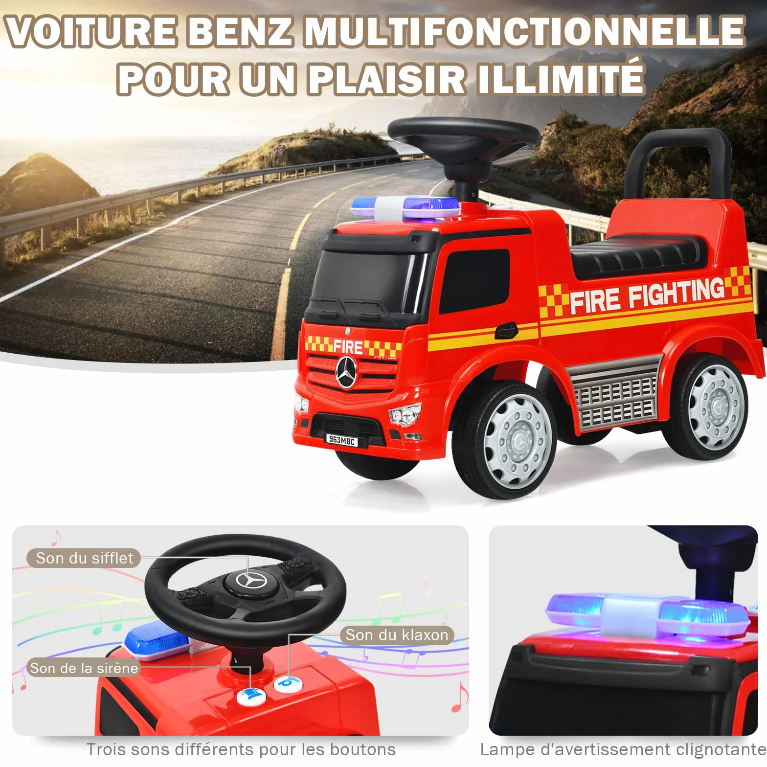 Mercedes Benz Porteur Enfants 12-36 Mois Voiture Pompiers Trotteur Sonore Lumière 25KG 62x29x43cm