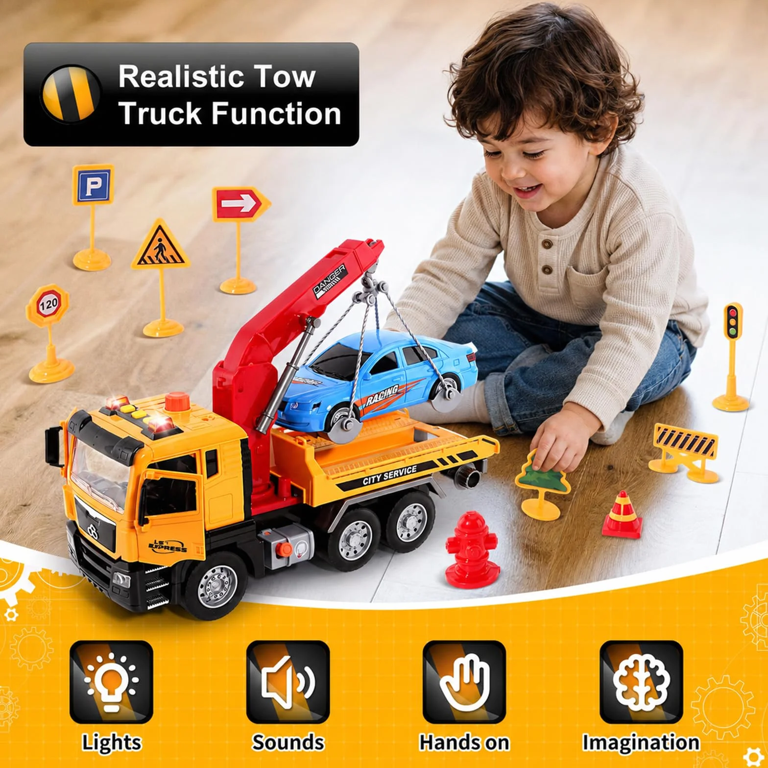 BunnyJOY Camion Dépanneuse avec Grue Jouet Enfants 3-6 Ans Lumière Sons