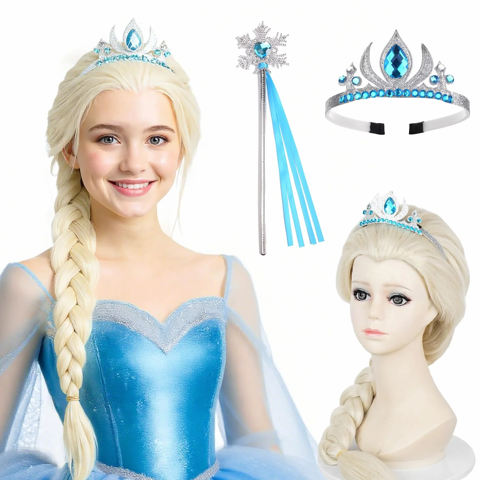 Princesse Dress Up Accessoires Filles Perruque Raiponce Couronne Diadème Baguette Fée Blonde Longue Tresse Enfant Cosplay Carnaval Fête