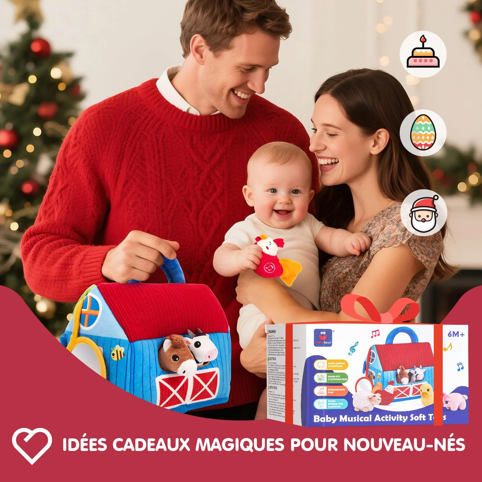 hahaland Jouets pour Bébé 6-12 Mois - Jouet de Ferme Animal en Peluche avec Vrais Sons, Jouets Montessori Sensoriel Cadeau Enfant