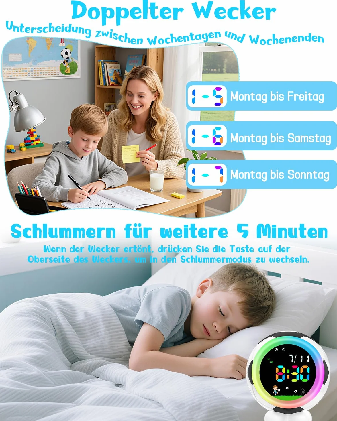 Juboos Réveil Numérique Enfant Multicolore Veilleuse Snooze 6 Sonneries 12/24H Cadeau Rentrée 4-15 Ans