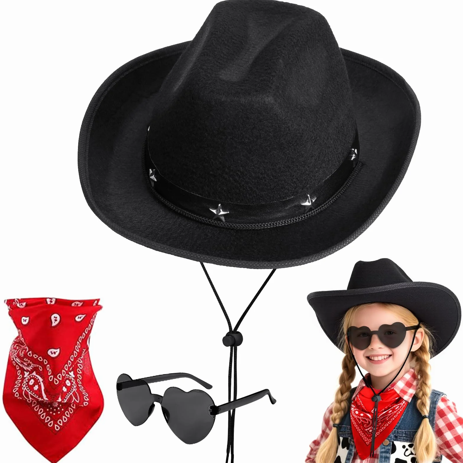 Chapeau de CowBoy pour Enfants 3Pcs avec Étoile Diadème Ficelle Lunettes Coeur Bandana Halloween