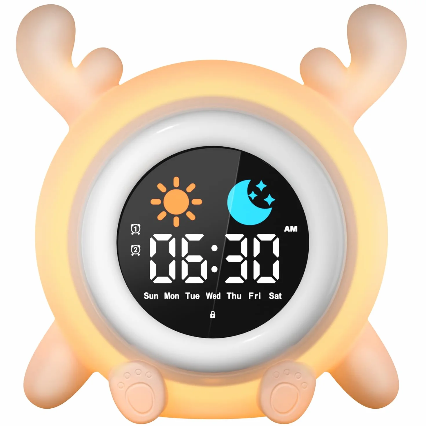 YISSVIC Réveil Enfant Educatif Jour/Nuit 2 Alarme 12/24 Heure Snooze Luminosité Réglable 7 Couleurs 10 Chansons