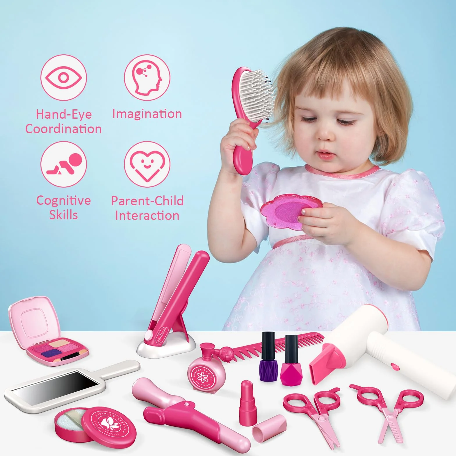 RedCrab Coiffeur et Trousse de Beauté pour Fille, 55 Pièces Jouets de Salon de Beauté avec Miroir, Seche-Cheveux, Lisseur Cheveux, Jeux de Rôle Enfants 3+