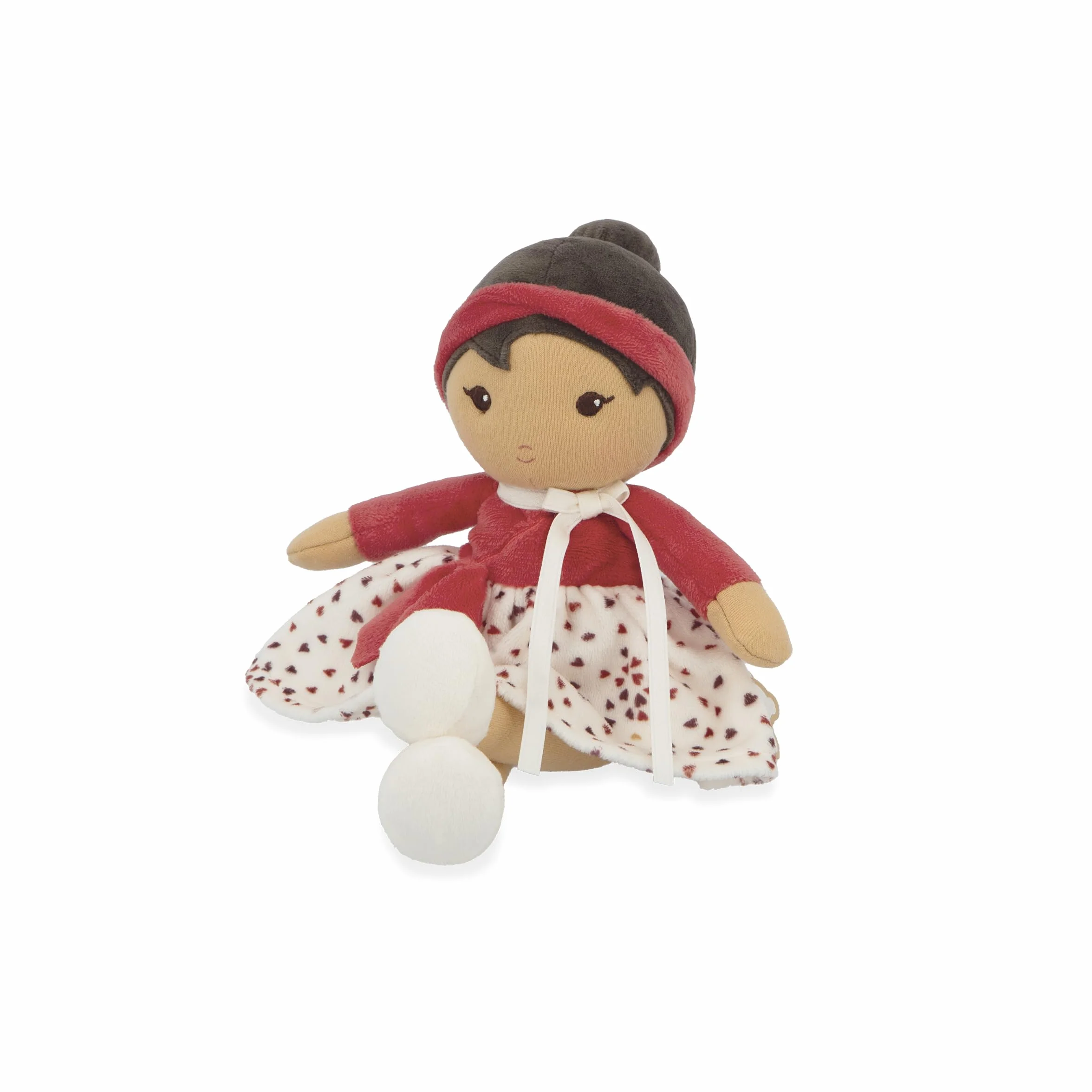 KALOO Tendresse Ma 1ère Poupée en Tissu Emilie 25 cm Jupe Micro Velours Cache-cœur Rouge Boite Cadeau Dès la Naissance