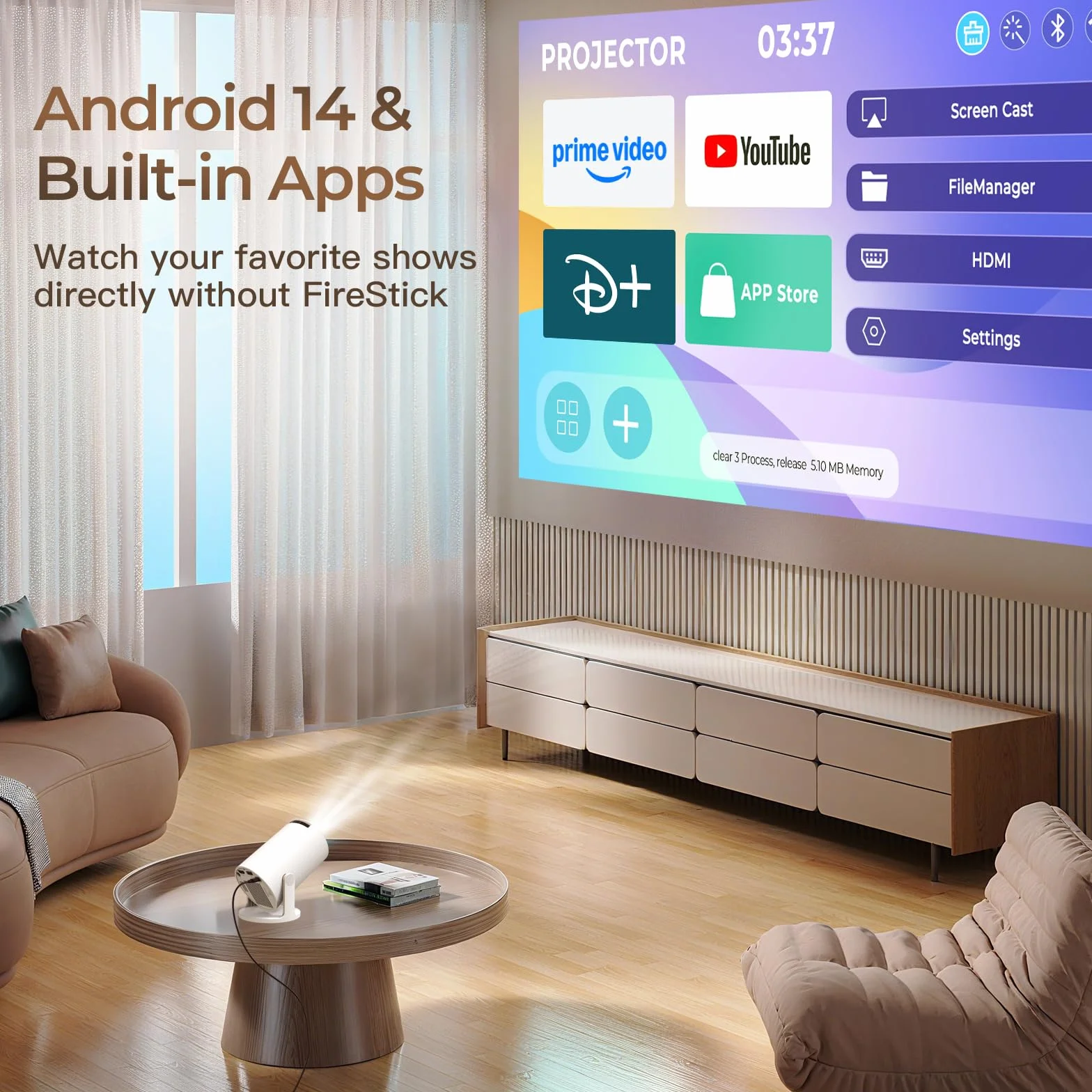 Vidéoprojecteur Wi-Fi 6 Bluetooth 5.4 4K Full HD Android 14 Auto Keystone Projecteur HDMI iPhone USB Blanc