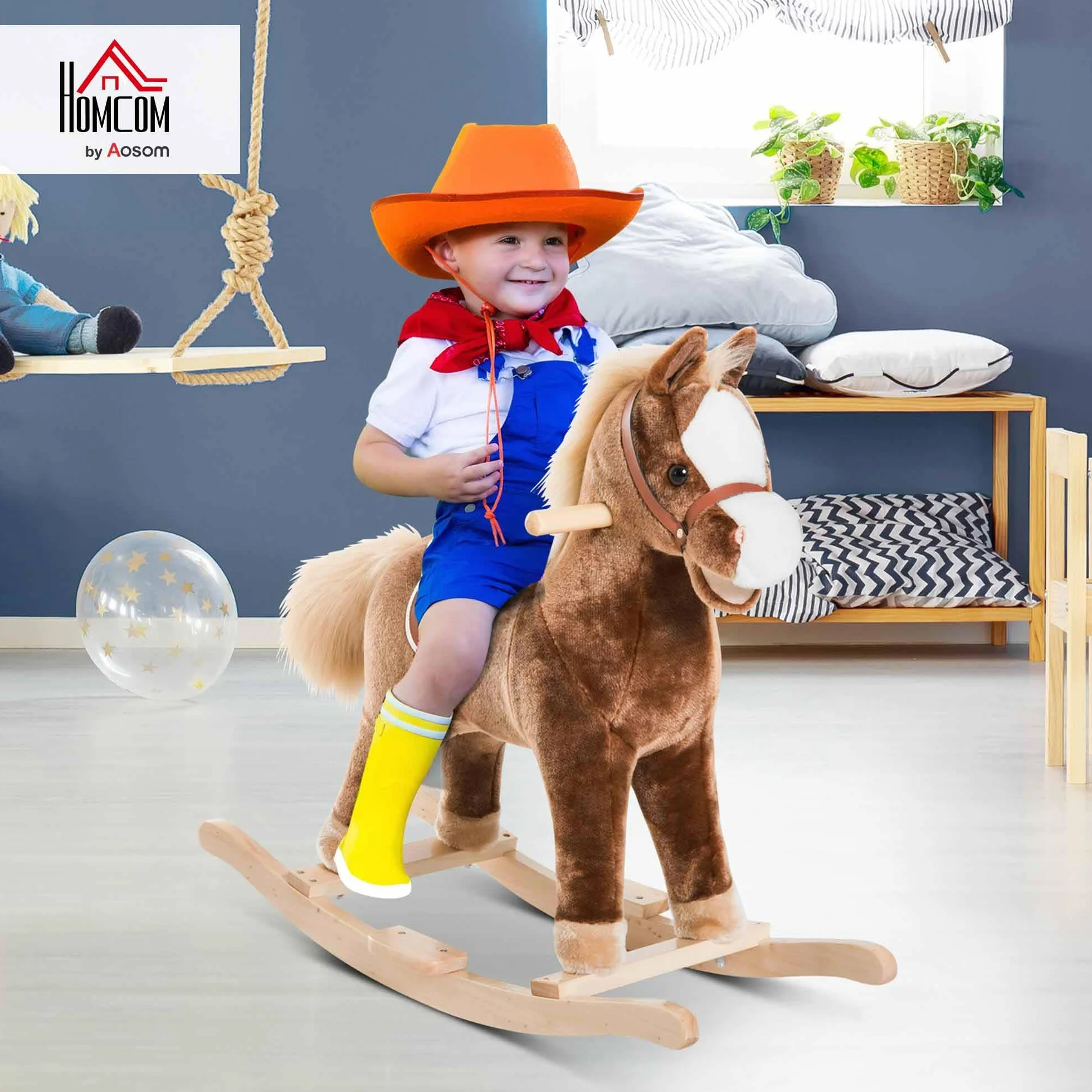 HOMCOM Cheval à Bascule Cowboy Selle Grand Confort Enfants 36+ Mois Peluche Douce Bois Peuplier 40 kg Brun Blanc