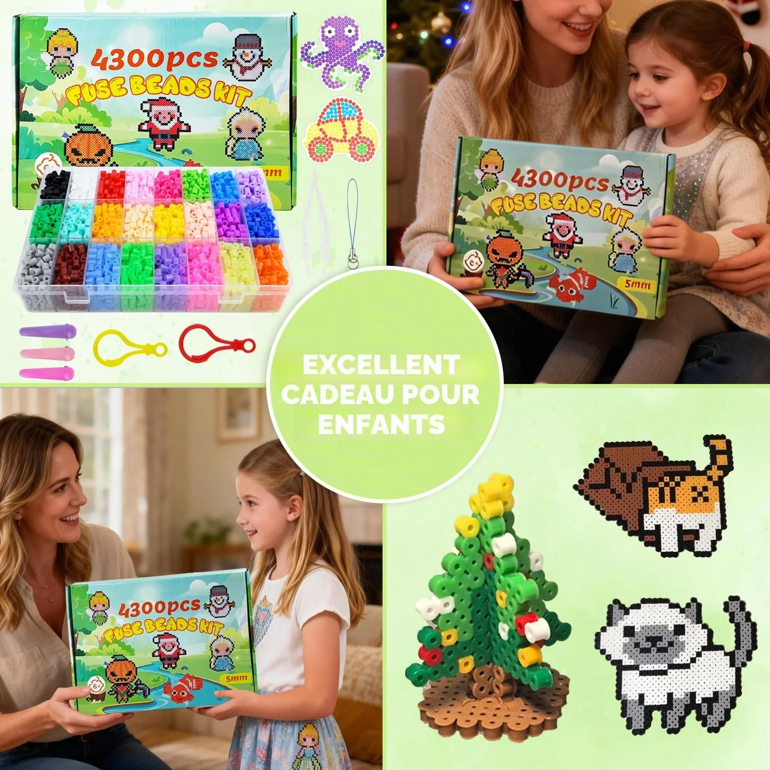 Kit de Perles à Repasser 4300 pcs 5mm 24 Couleurs avec Boîte de Rangement, Panneau Perforé pour Enfants DIY