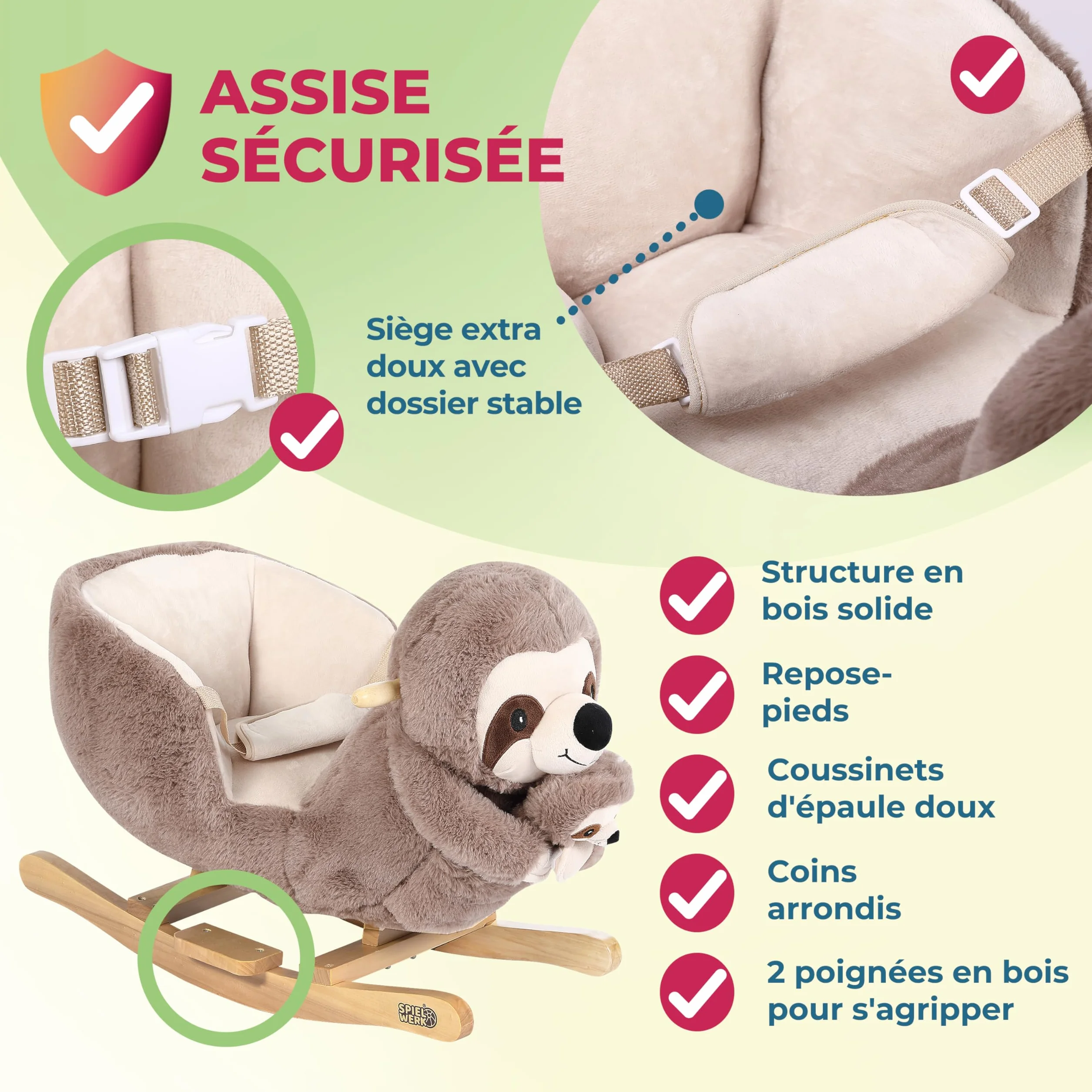 SPIELWERK® Paresseux à Bascule Animal en Peluche avec Ceinture Sécurité et Fonction Sonore