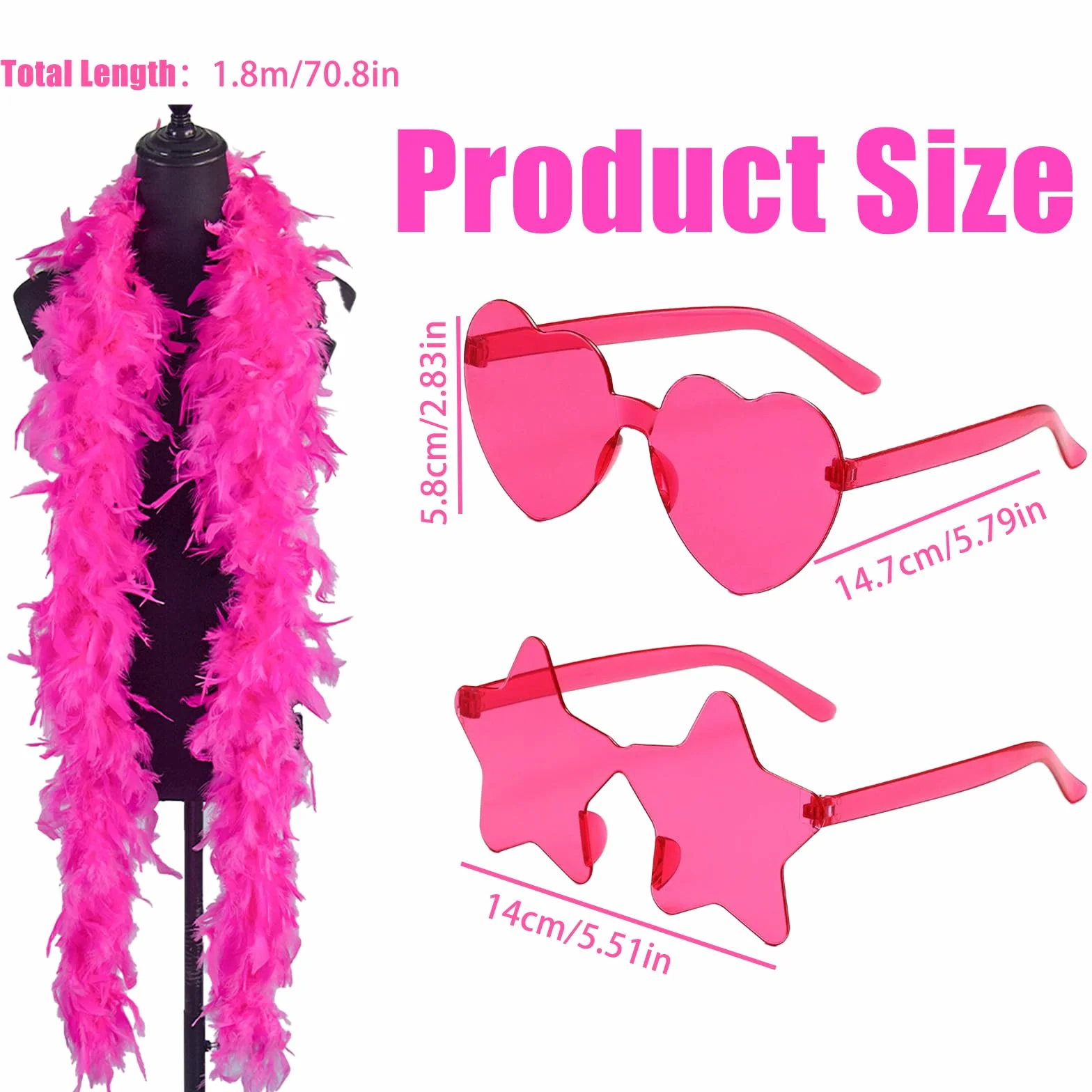 Boa en Plumes Roses avec Lunettes en Forme d'Étoiles et de Cœur, Déguisement Fête Carnaval Cosplay Halloween 200CM