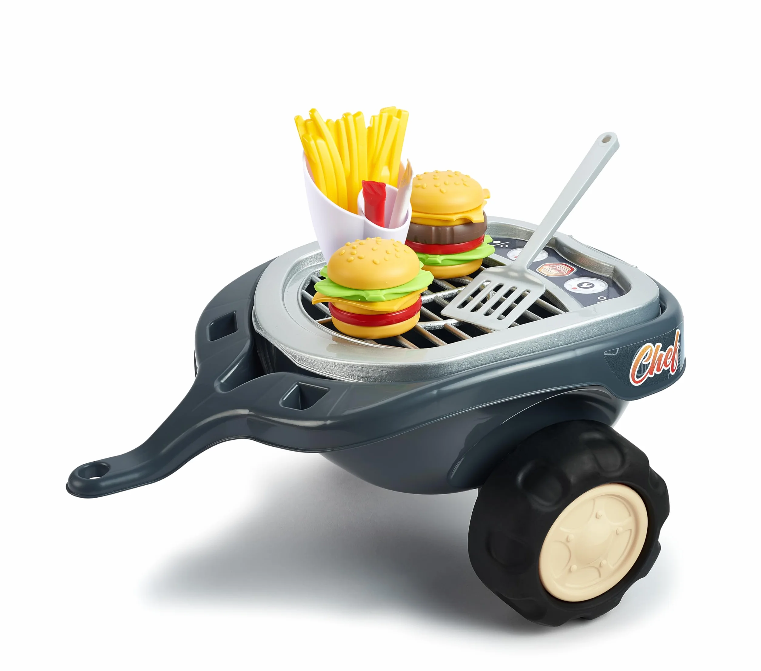 Falk Porteur Food Truck Gourmet Burger Gris 707C Volant directionnel avec klaxon Levier à Effet sonore Coffre de Rangement Remorque BBQ Accessoires
