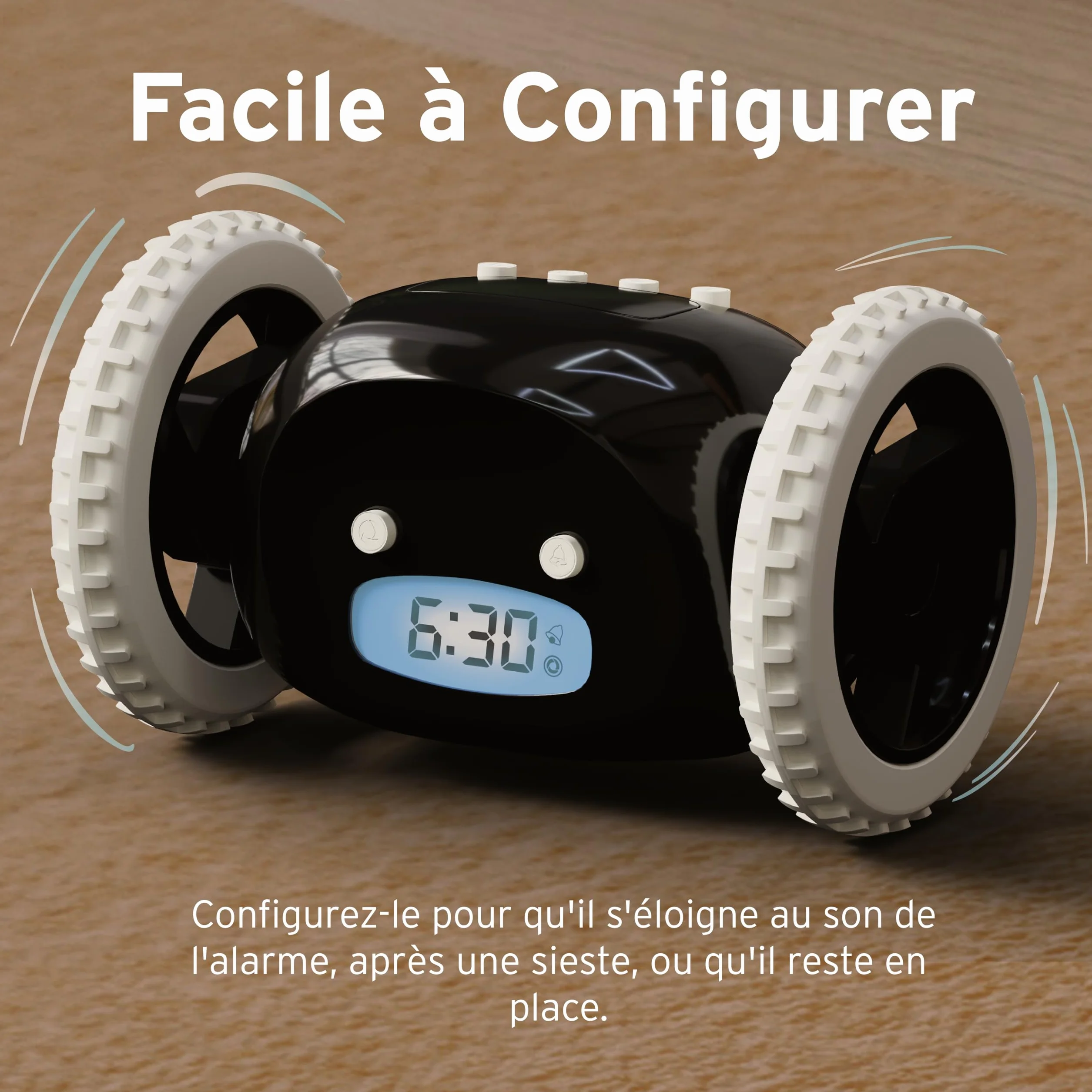 CLOCKY Réveil Matin Roulant Forte Sonnerie Puissant LED Noir