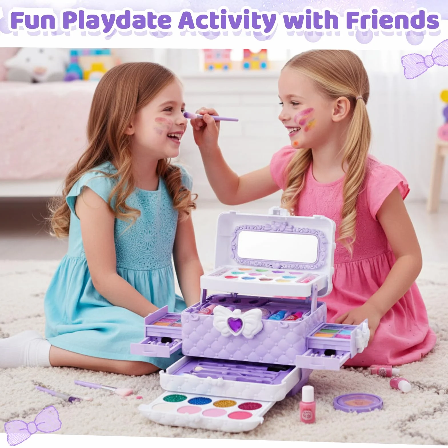 Chennyfun 53 Pcs Maquillage Enfant Jouet Filles, Lavable Malette Maquillage Valise Beauté Cadeau Noël Anniversaire 3-7+ Ans