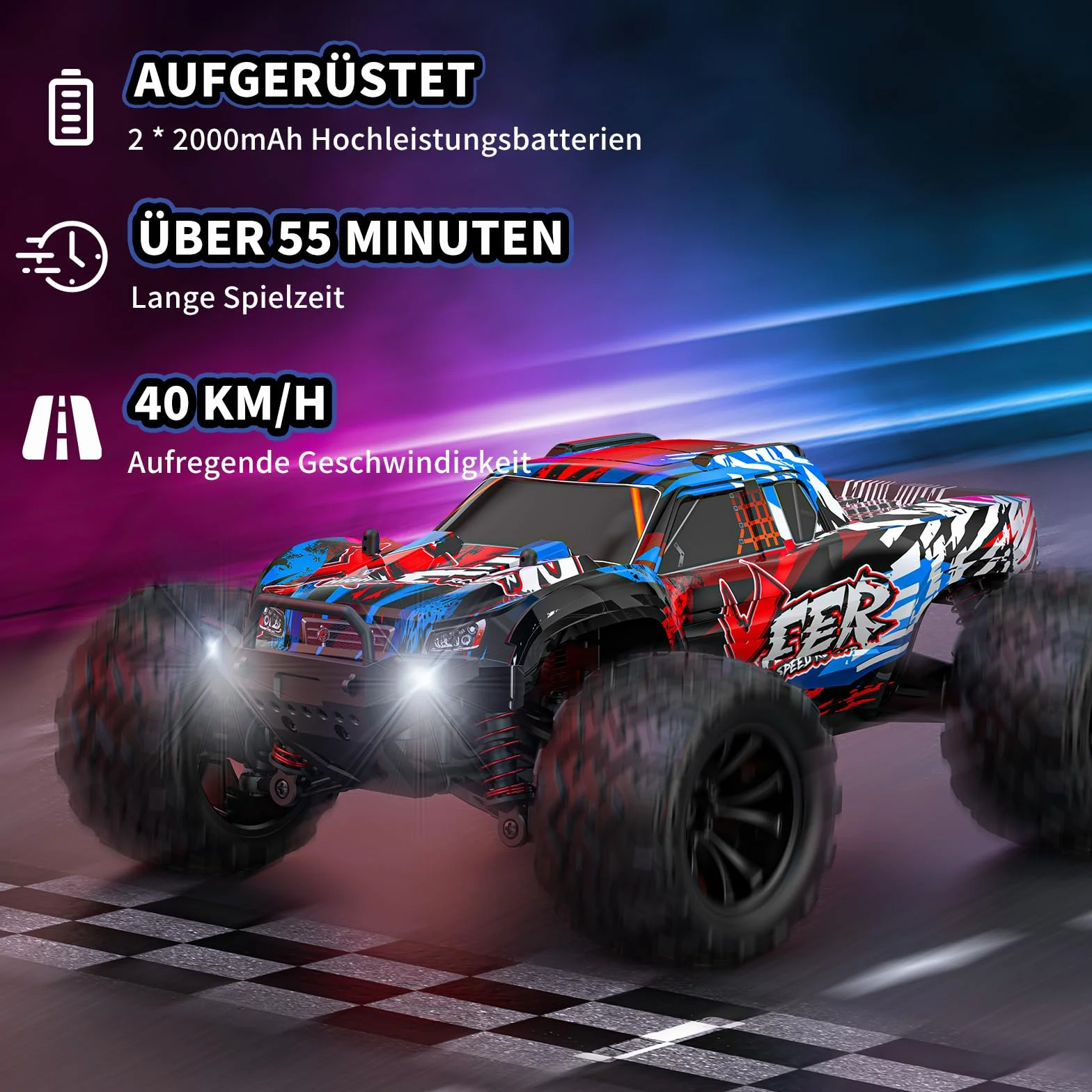 EVARY Voiture télécommandée 1:16, 40 km/h, 2,4 GHz, 4 WD, Monster Truck radiocommandée, Jouet pour Adolescents à partir de 12 Ans, 55 Minutes de Temps de Jeu, portée 50 m, Voiture radiocommandée pour