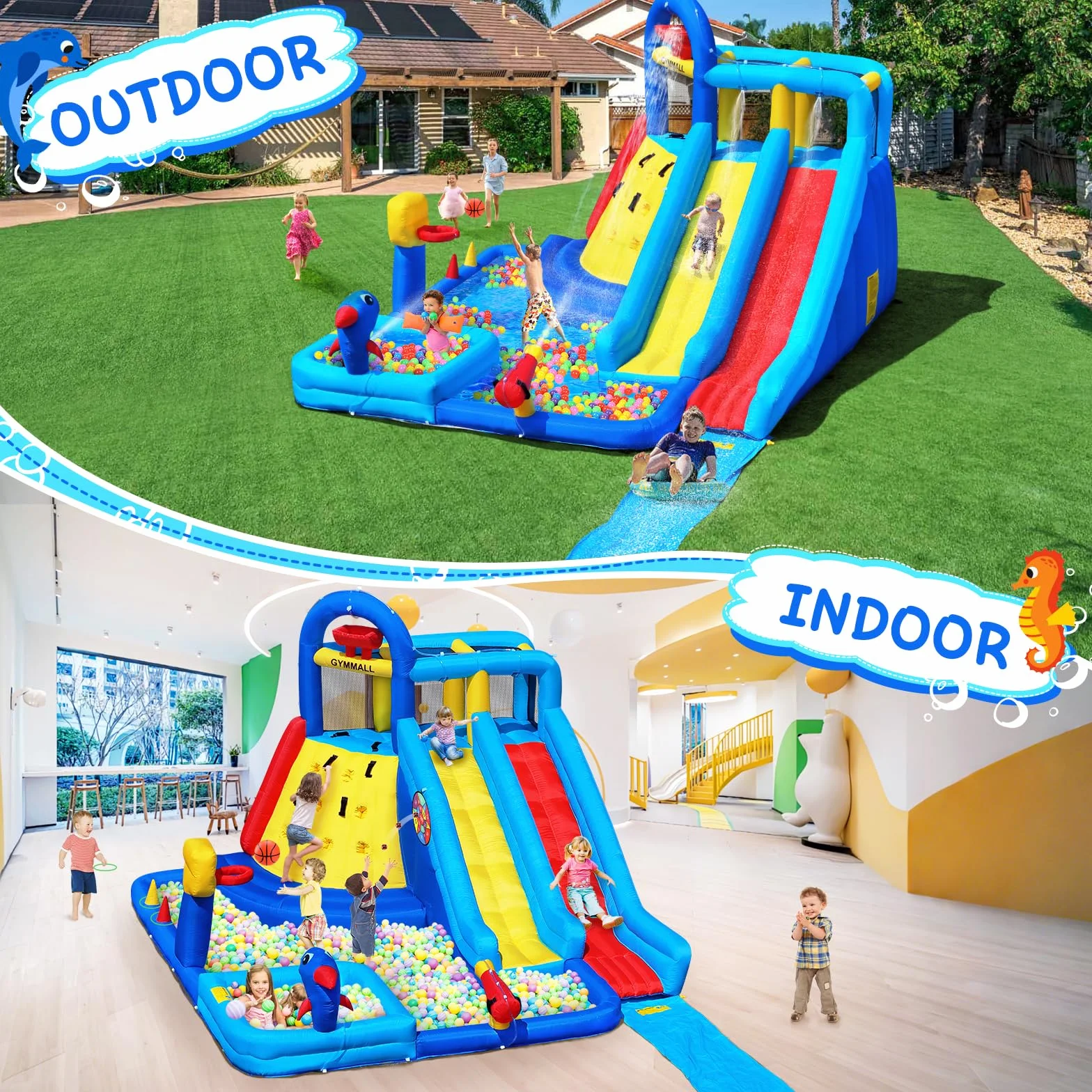 GYMMAL Château Gonflable avec Mur d'escalade, Double Toboggan et Piscine 4x3,6x2,6m