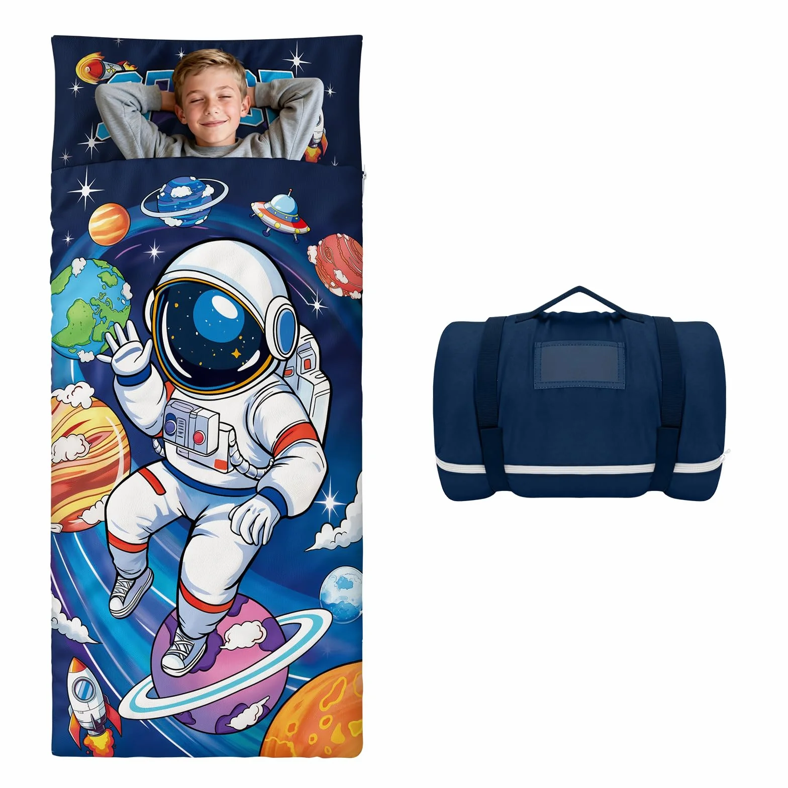 Sac de Couchage pour Enfants 170×75cm avec Oreiller Amovible Chaud Pliable Camping École Garderie