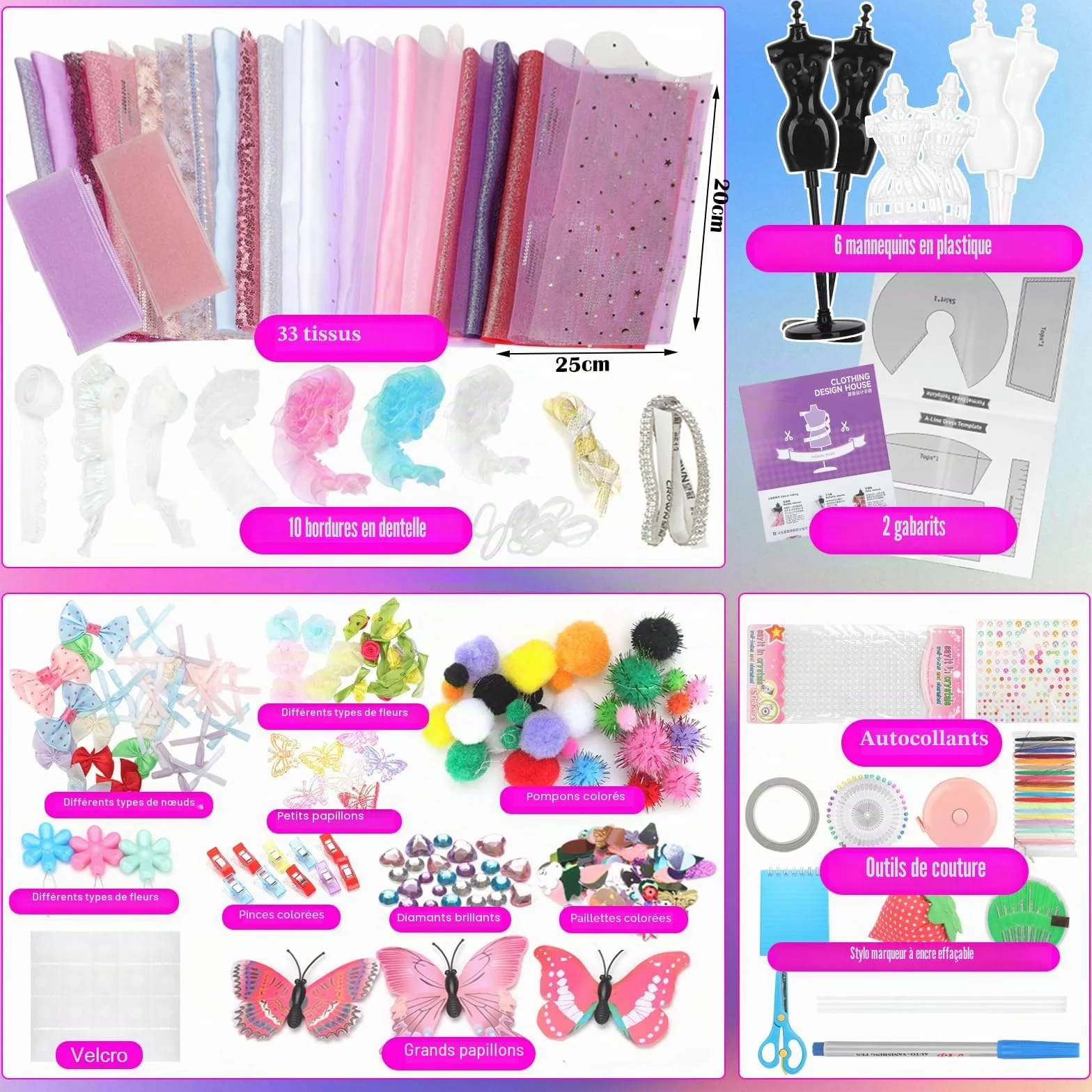YOCOLE Fashion Design Kit, Création de Mode Couture Enfants avec 6 Mannequins, Carnet de Croquis, Cadeau Fille 6-12 Ans