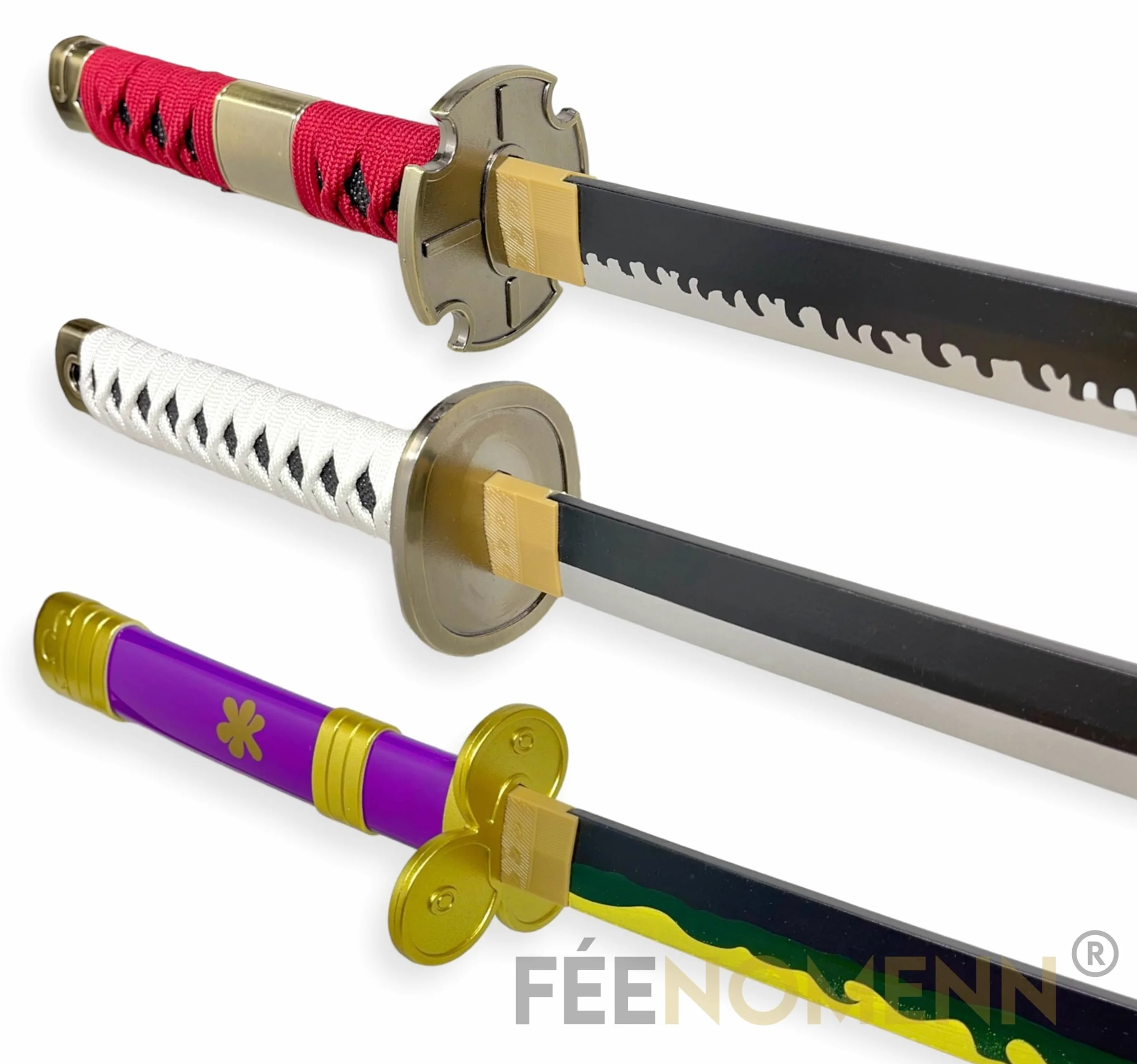 FÉENOMENN Katana One Piece Pack Zoro 3 Epées ENMA WADO ICHIMONJI SANDAI KITETSU Lame Bois Support Japonais