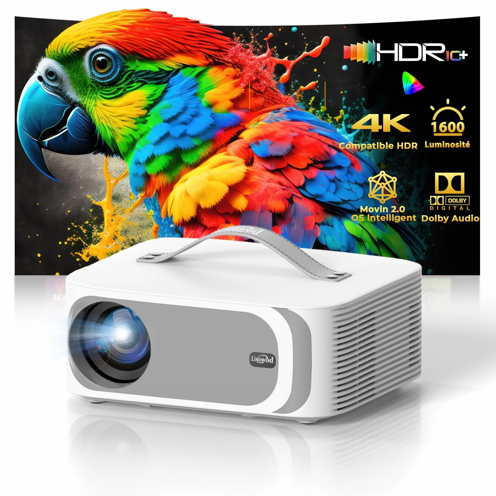 Videoprojecteur 4K 1600 Lumens Auto Focus Keystone Dolby Audio 1080P Natif Projecteur Video HDMI eARC WiFi6 Bluetooth Portable Home Cinéma