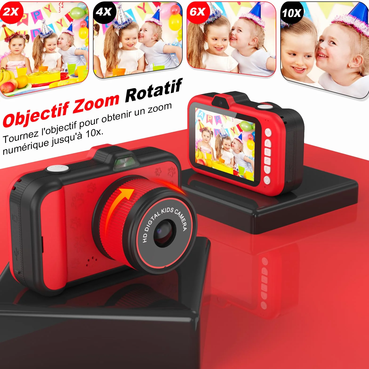 Appareil Photo Enfant Zoom Rotatif 360° Grand Écran 3,5" 1080P Selfie Flash LED Carte SD 32GB Jouet Cadeau Fille Garçons 3-12 Ans