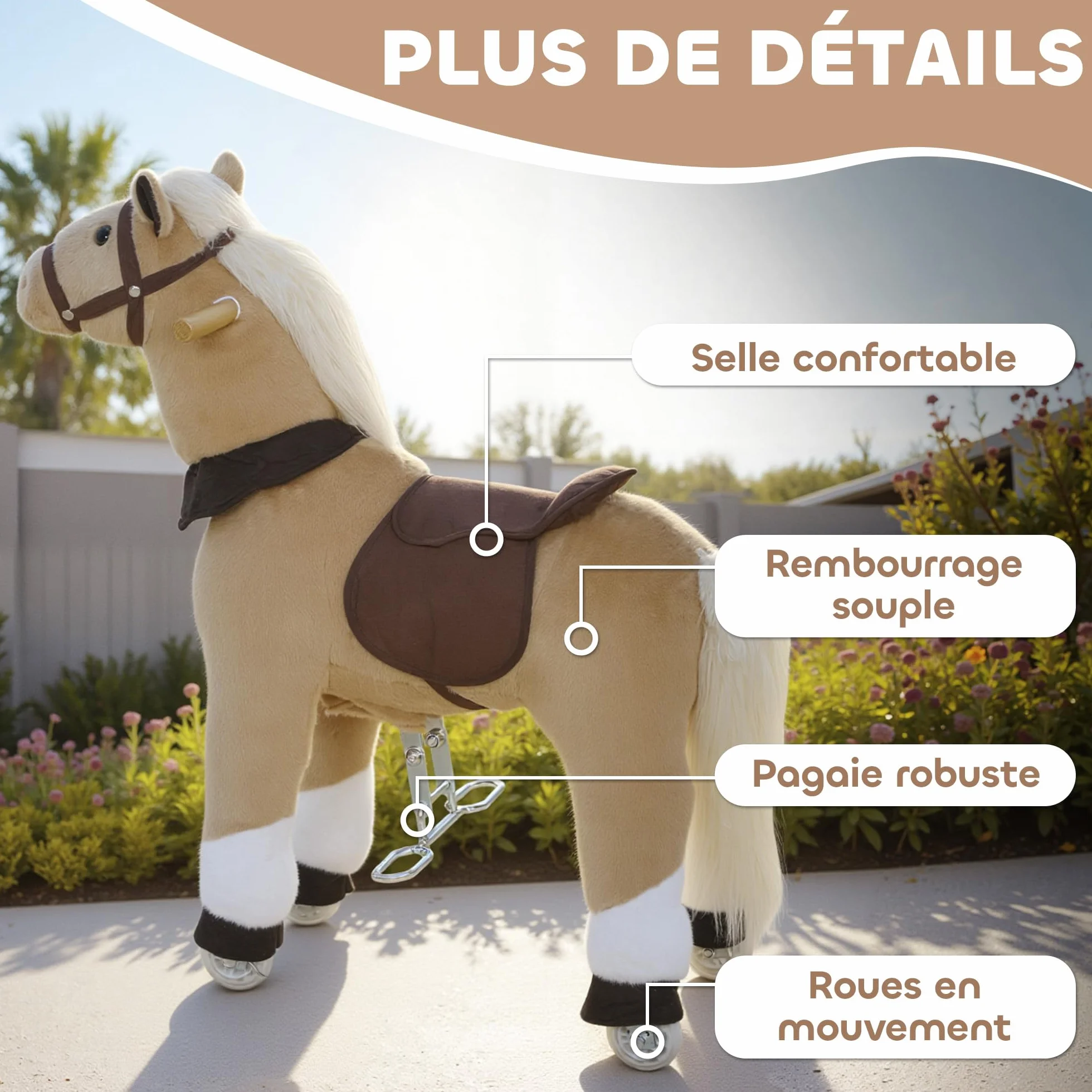 AIYAPLAY Cheval à Bascule en Peluche sur roulettes, avec Selle et Harnais, pour Enfant 3-5 Ans, Charge Max 25 kg, Marron