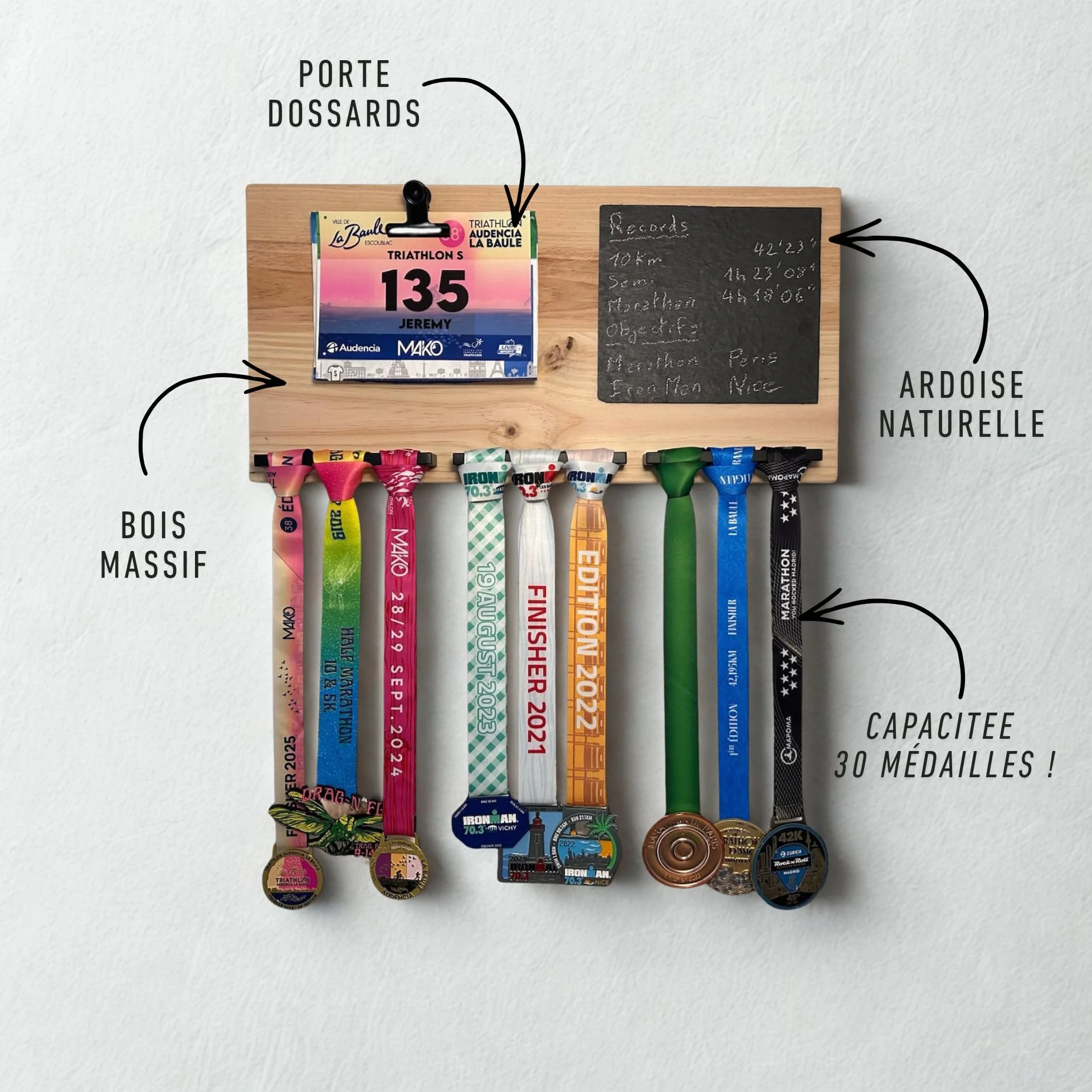 Support Médailles Porte Dossards Bois Massif Fait Main Cadeau Triathlon Marathon Finisher Wall
