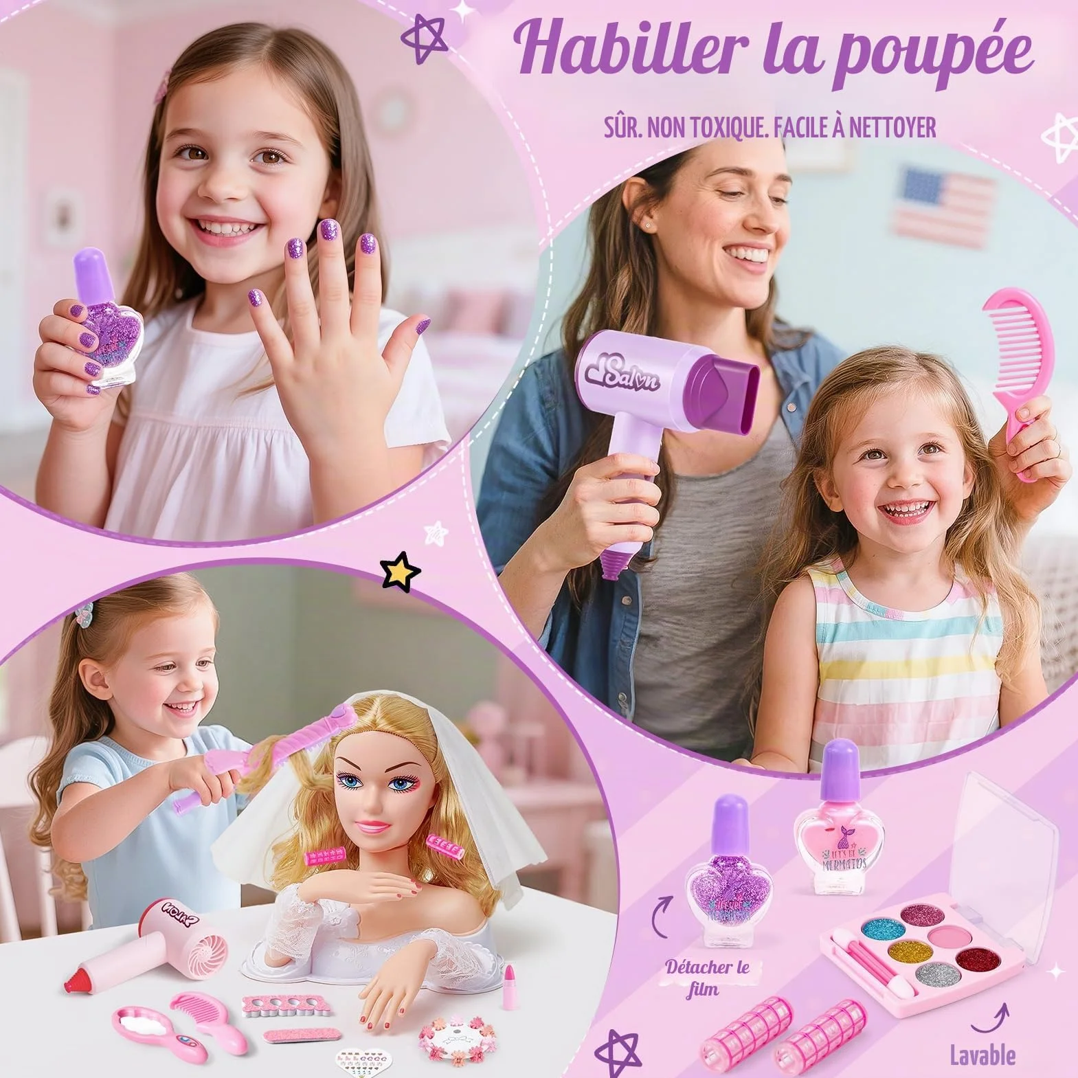 Vamei Tete a Coiffer Enfant avec Accessoires Coiffure, Poupée Maquillage Sèche-Cheveux, Salon Jouet Cadeau Fille 3-6 Ans