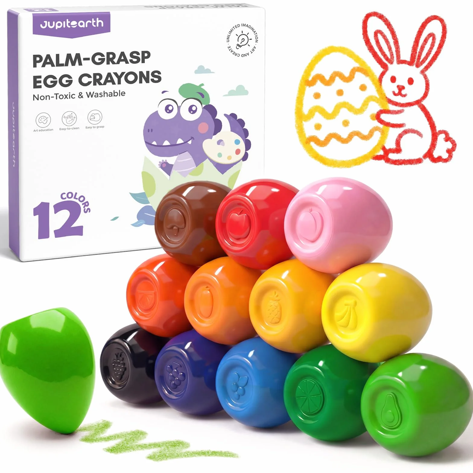 JUPITEARTH 12 couleurs Craies d’œufs pour tout-petits 1–3 ans, non toxiques, lavables, crayons géants