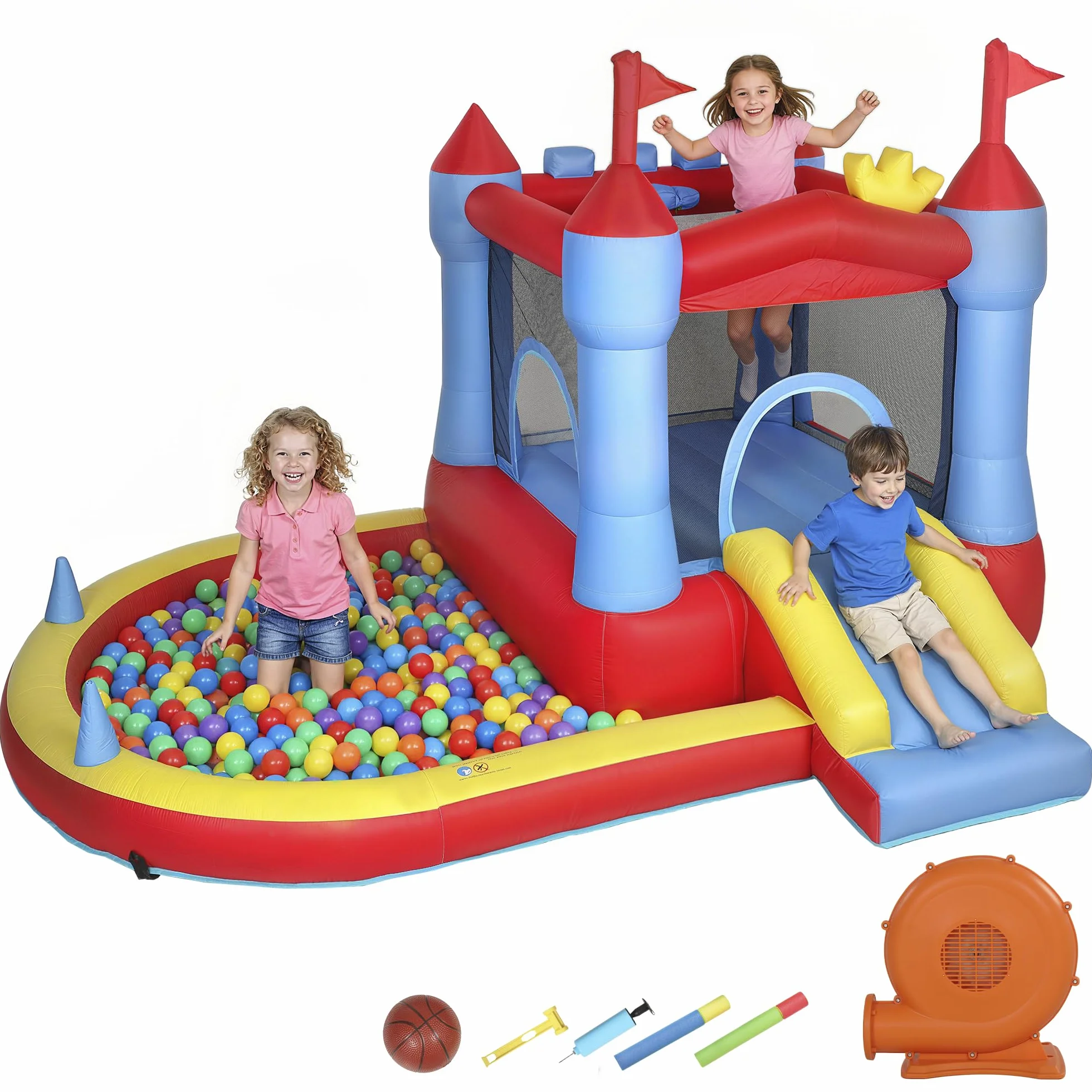 AIYAPLAY Château gonflable avec souffleur, parc aquatique, toboggans, trampoline, piscine à balles, 342x255x209cm