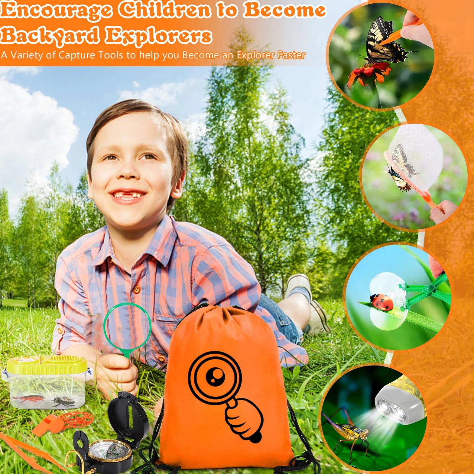 Kit Exploration Enfant 21 pièces Extérieur Jouets Gilet Chapeau Jumelles Boussole Loupe Nature Aventure