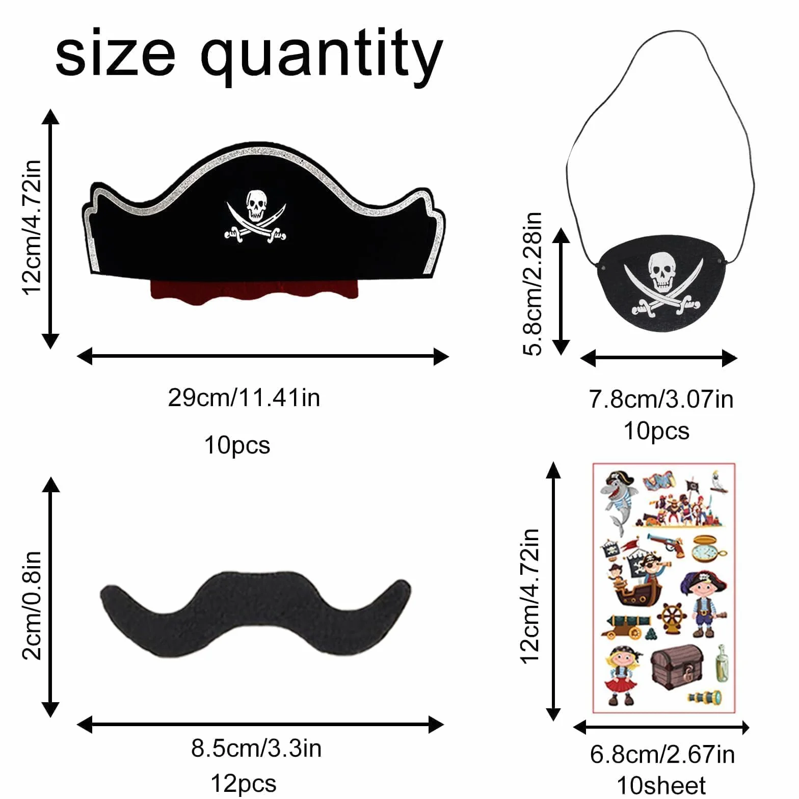 Chapeaux de déguisement pirate - Kit anniversaire complet avec cache œil, tatouage et décoration