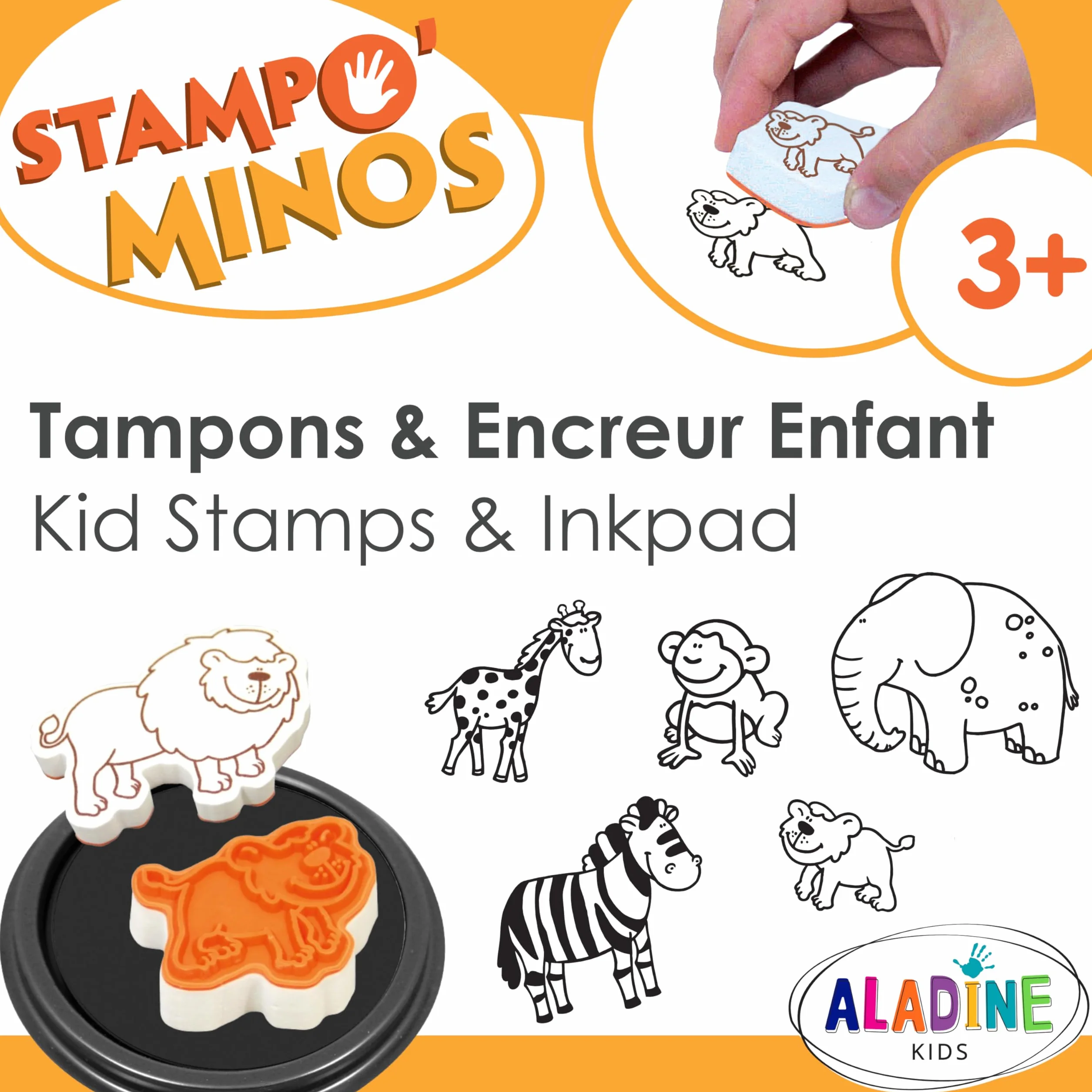 Aladine Stampominos 10 Tampons Animaux de la Savane Encre Lavable Enfant dès 3 ans Lion Girafe Éléphant