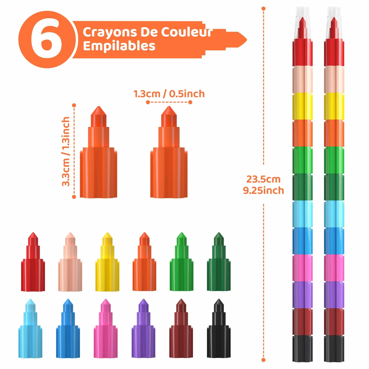 Crayons de Couleur Empilables pour Enfants, Ensemble de Crayons de Cire Arc-en-ciel