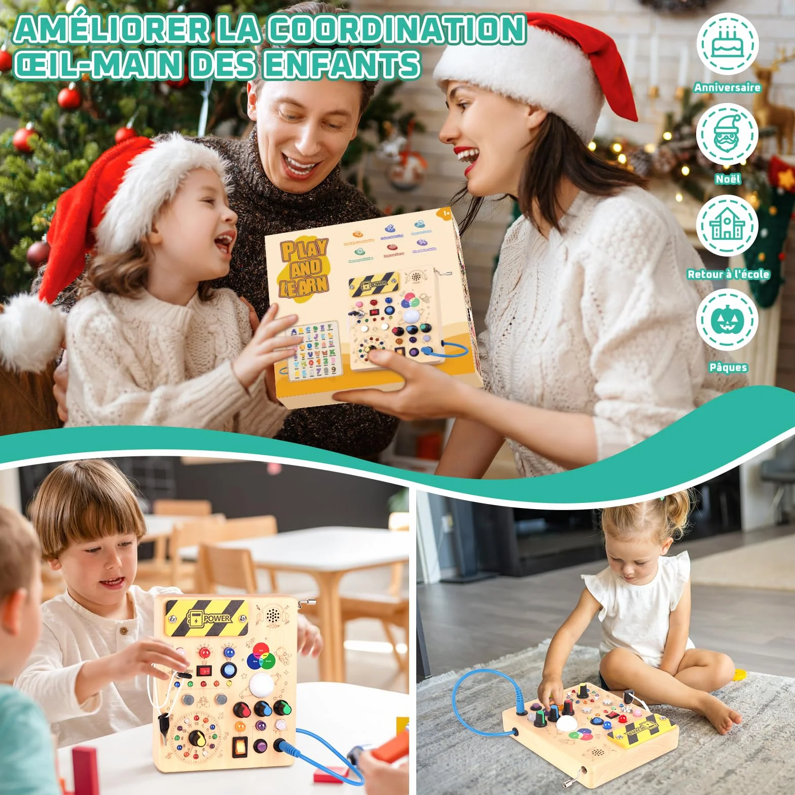 Montessori Busy Board 1 an Enfants Activity Board Jouets en Bois avec 12 Interrupteurs 24 Lumières LED Sensory Learning Toys Jeu Montessori Jouet Enfant Bebe 1 2 3 Ans Cadeau