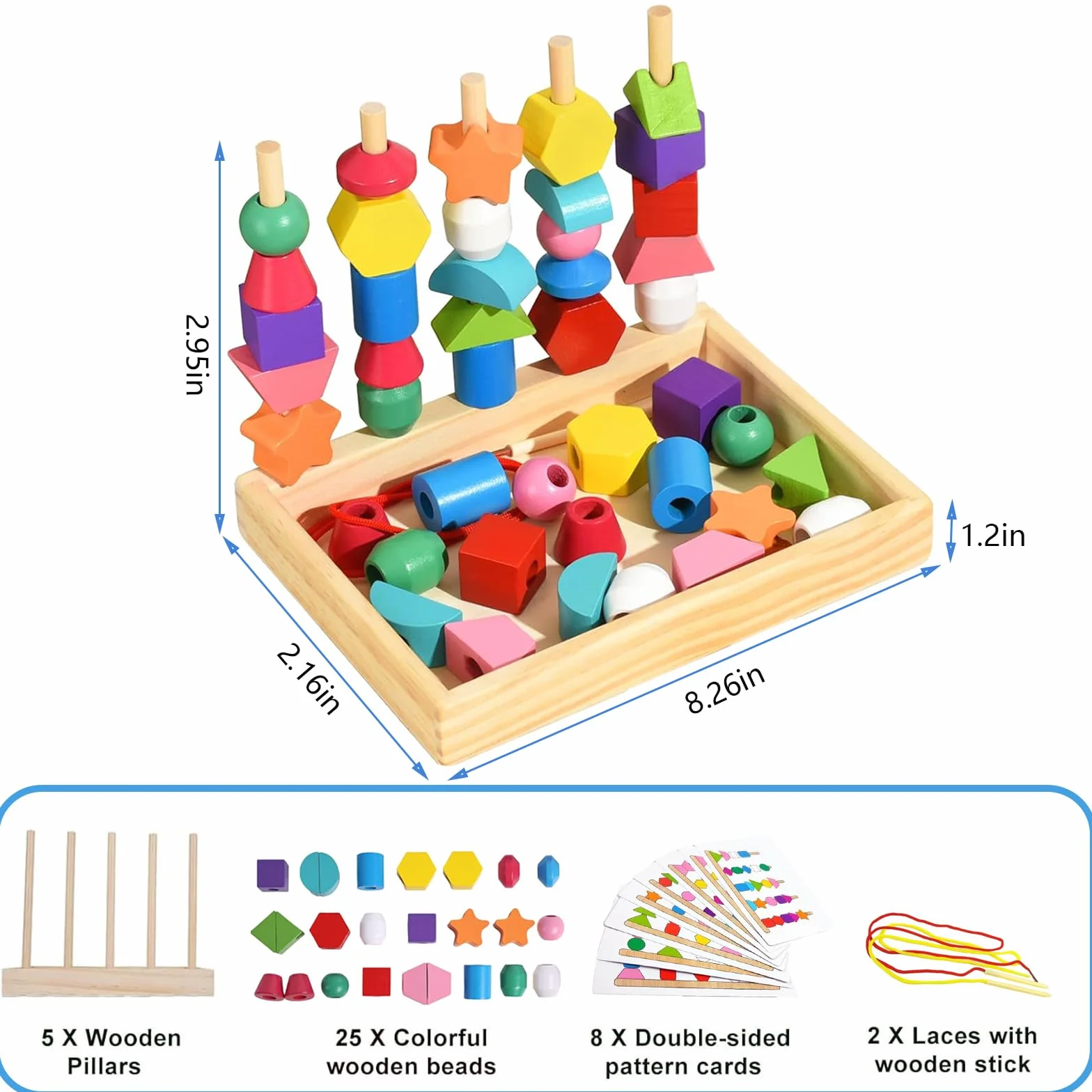 Jouet Montessori 3 en 1 pour Enfants 2-4 Ans Perles en Bois à Enfiler, Jeu de Tri et Empilage Éducatif