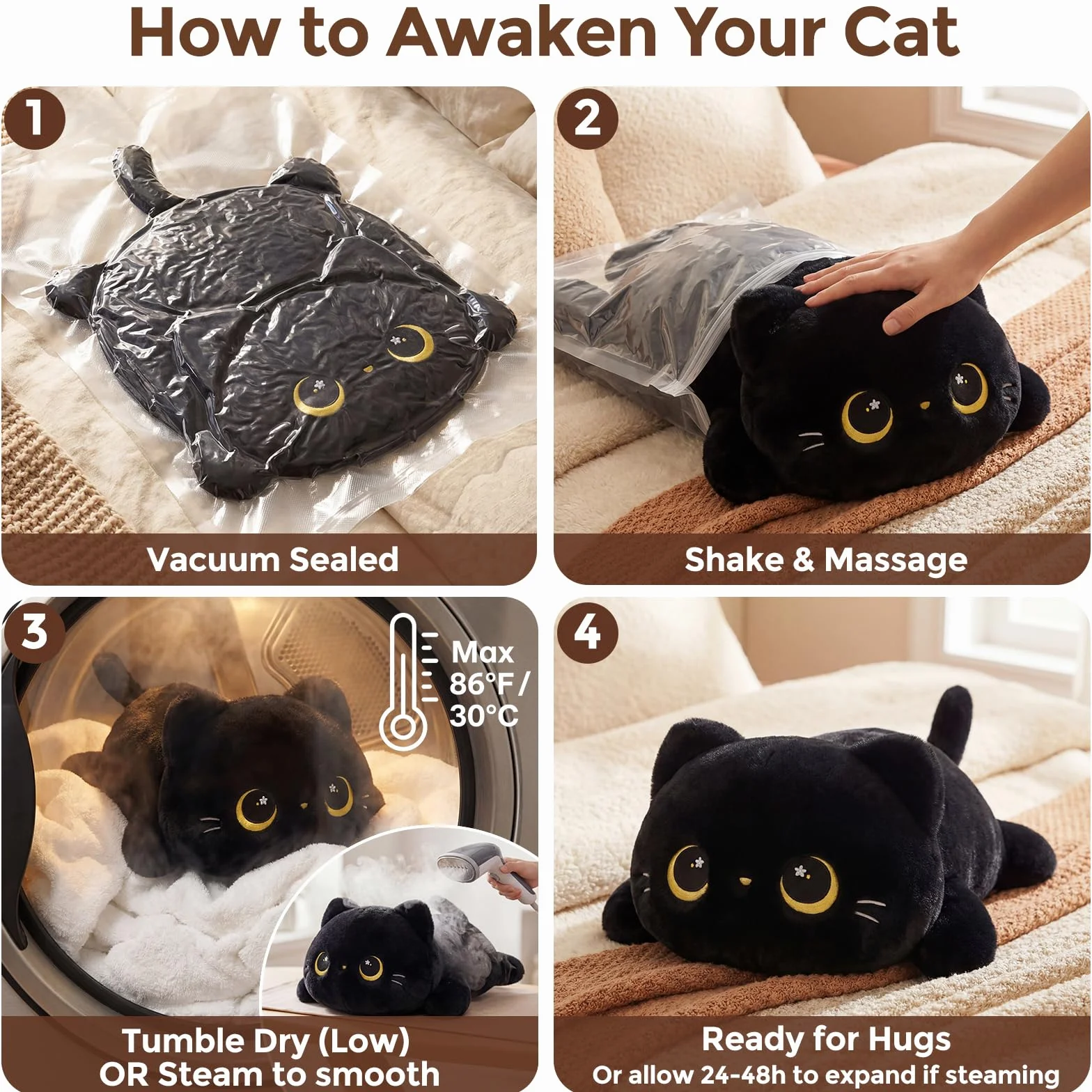 Mewaii Peluche Chat Mignonne 13 Pouces, Oreiller Kawaii Chat Noir, Coussin Doux Enfants