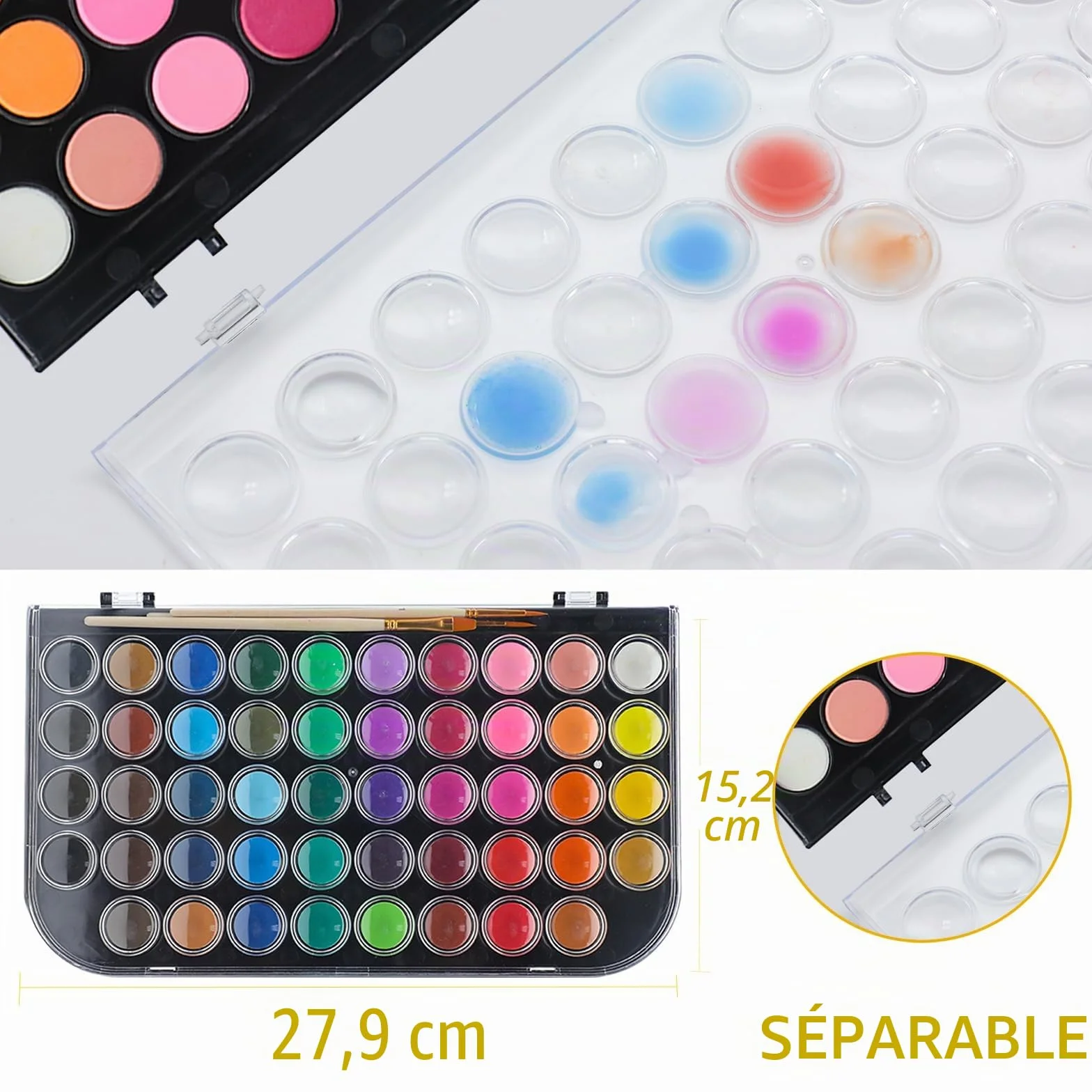 Artecho Ensemble de peinture aquarelle 48 couleurs avec pinceau à eau et pinceau classique