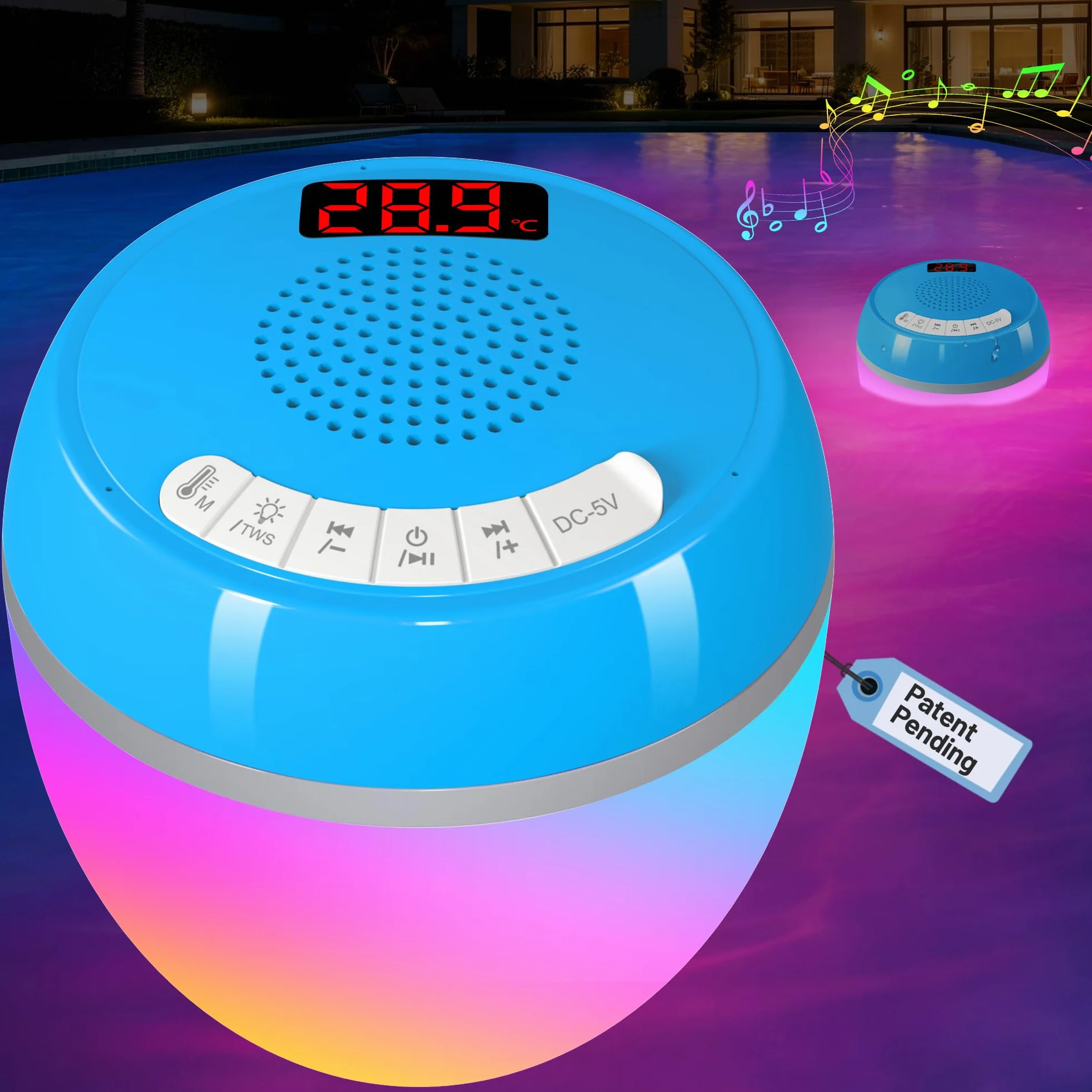 AearKing 3 en 1 Enceinte Bluetooth Piscine Flottante IP68 Étanche avec Thermomètre Numérique et Lumière, TWS Stéréo