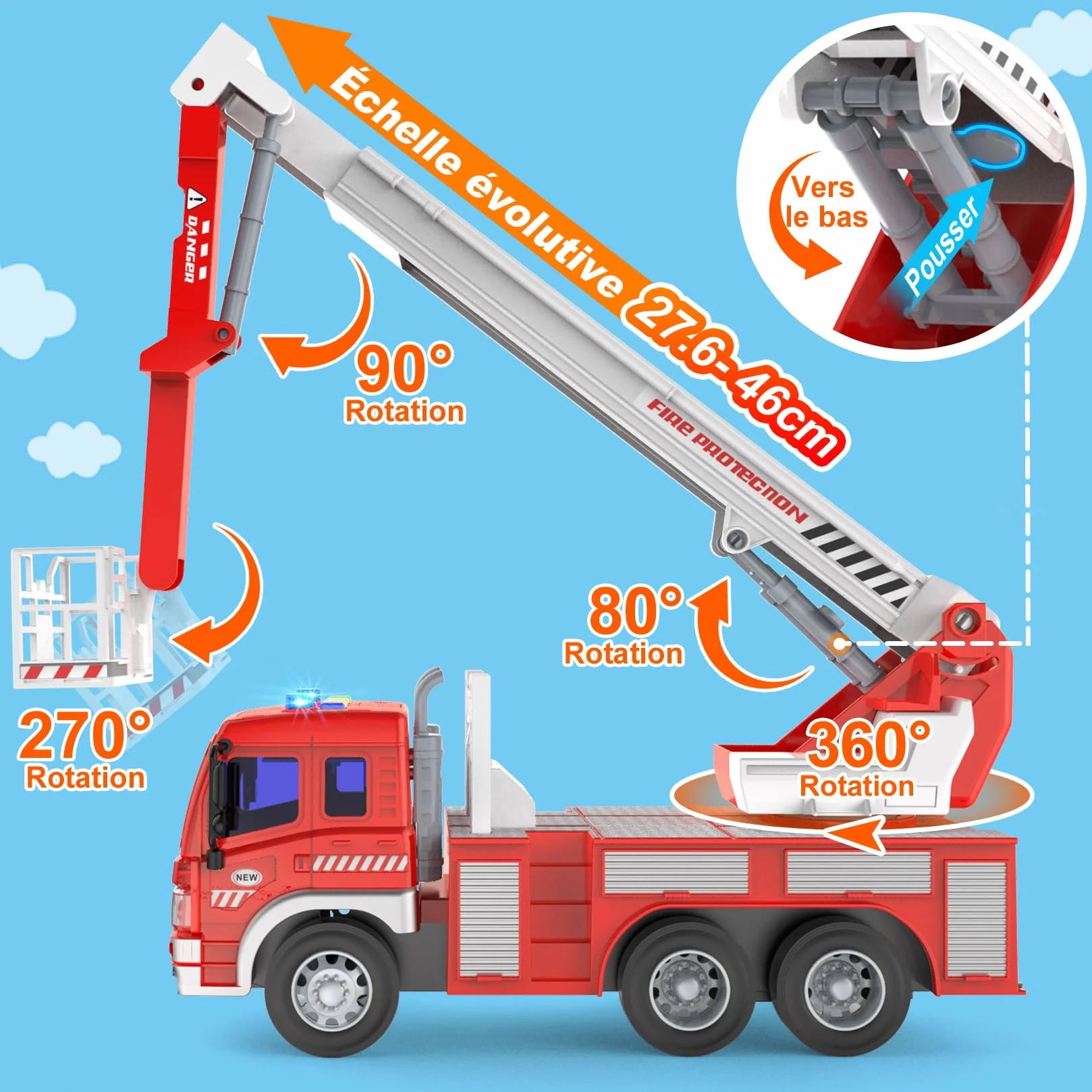 Gros Camion de Pompier XXL avec Échelle Sonore et Lumineux, Maquette Camions Jouet Cadeau Enfant 3-8 Ans Rouge