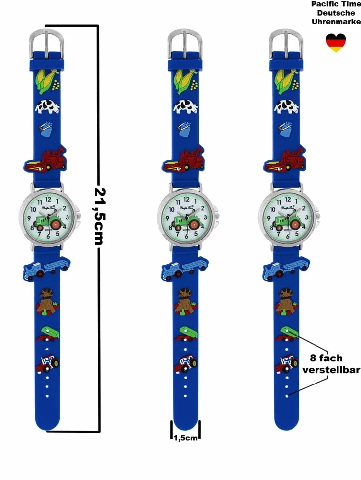 Pacific Time Horloge enfants montre bracelet argenté garçon tracteur ferme analogique quartz bleu
