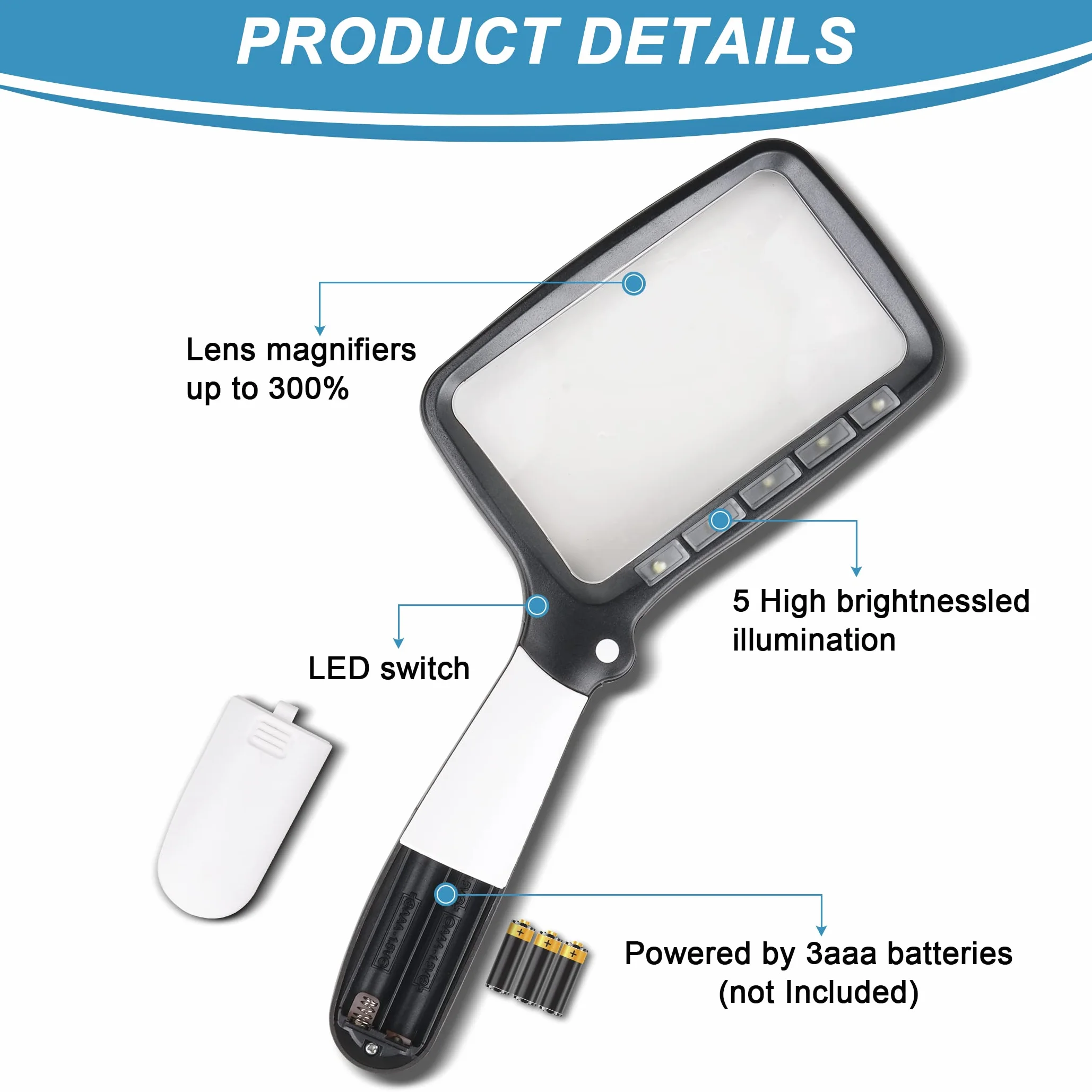 Loupe avec lumière 3 Fois 5 LED, loupe de lecture portative 2 Modes de Gradation